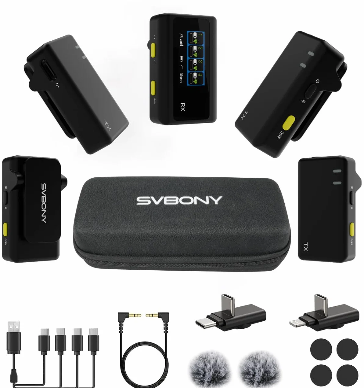 SVBONY SVMic D4 4 Microphone Lavalier Wireless, Microfono Wireless 2 in 1, Fino a 200M, Display Intelligente e Funzionamento a Doppia Modalità, Compatibile con IPhone, Android e Smartphone