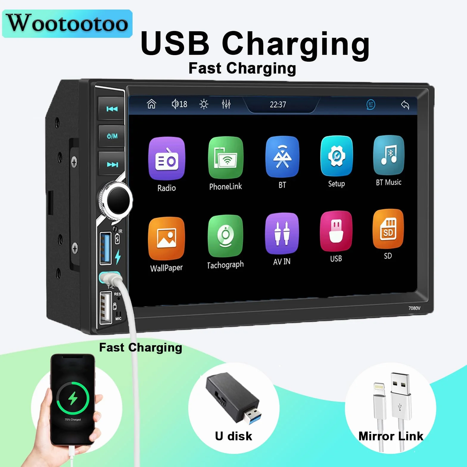 Autoradio 2 DIN 7 Pollici HD Touch Screen con Wireless Carplay e Android Auto, Radio FM RDS