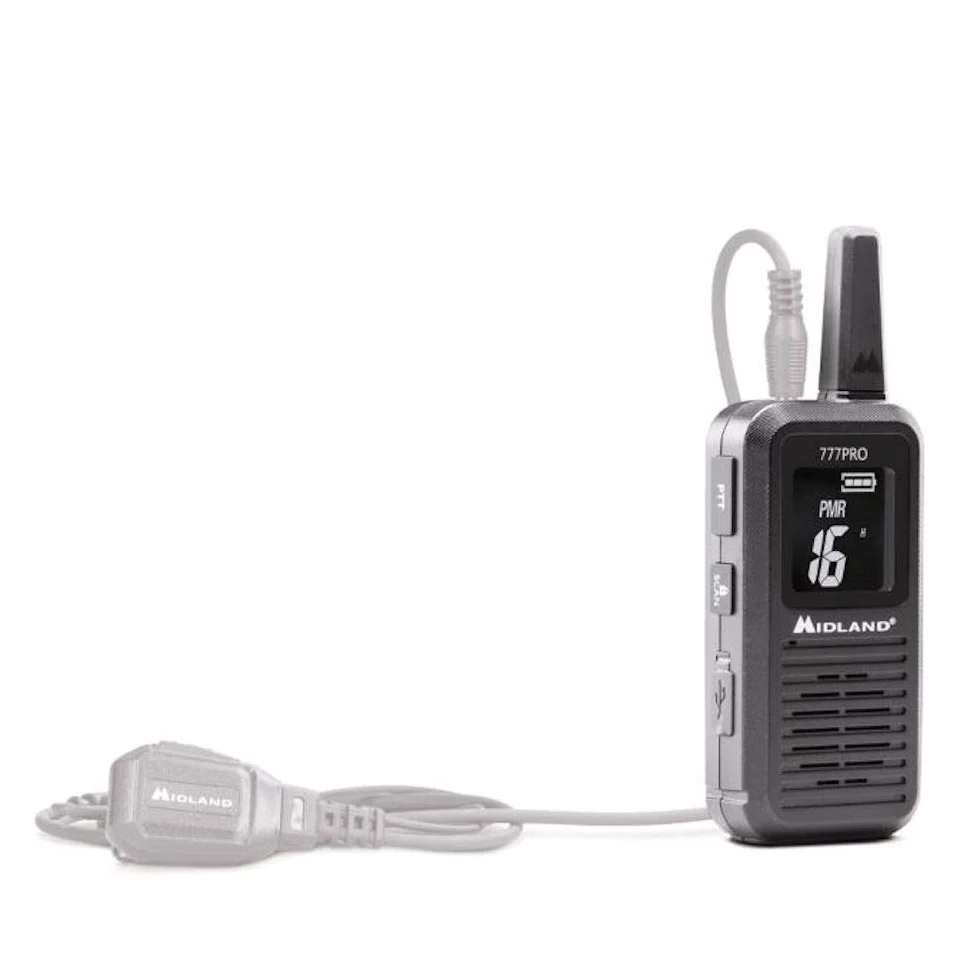 Midland - Walkie Talkie 777 Pro, 2 Ricetrasmittenti Professionali per Security, 85 Canali - 16 PMR446/69 LPD, 38 CTCSS e 104 DCS, Autonomia 14H, Copertura 6Km, Display Digitale, Batterie Ricaricabili