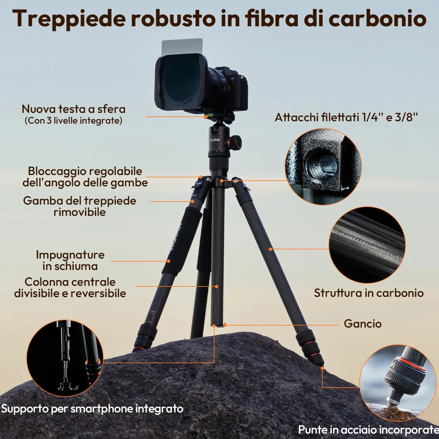 Rollei C6i Treppiede Fotocamera Nero, 171,5cm Cavalletto Fotografico Carbonio Viaggio con Testa Sfera a 360° Tripod Camera per Sony Canon Nikon DSLR Treppiede per Smartphone con Supporto per Telefono