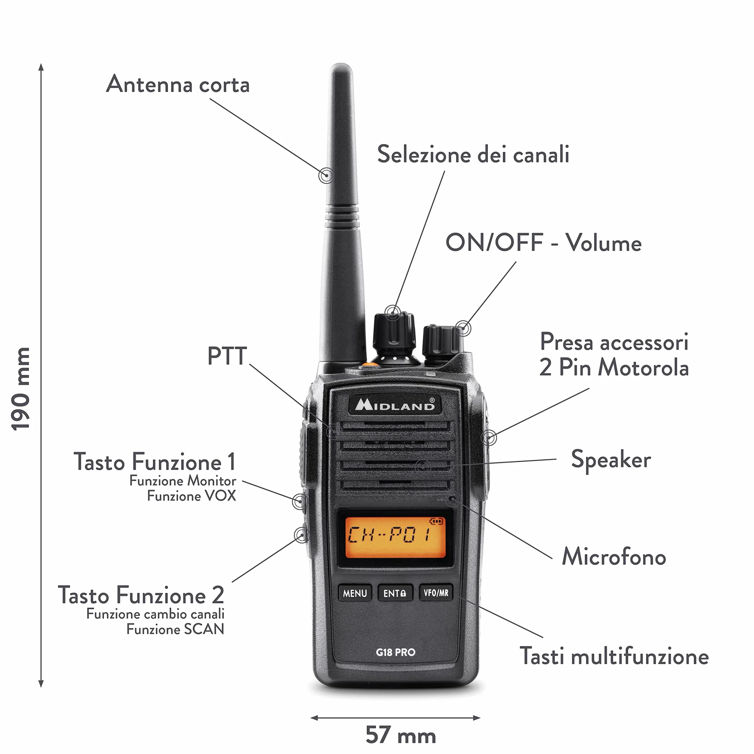 Midland - Walkie Talkie G18 PRO, Ricetrasmittenti Professionali con 99 Canali PMR446, Standard Militare MIL-STD-810G, Waterproof IP67 - Copertura 12Km, Autonomia 22 Ore, Funzione Scrambler e Compander