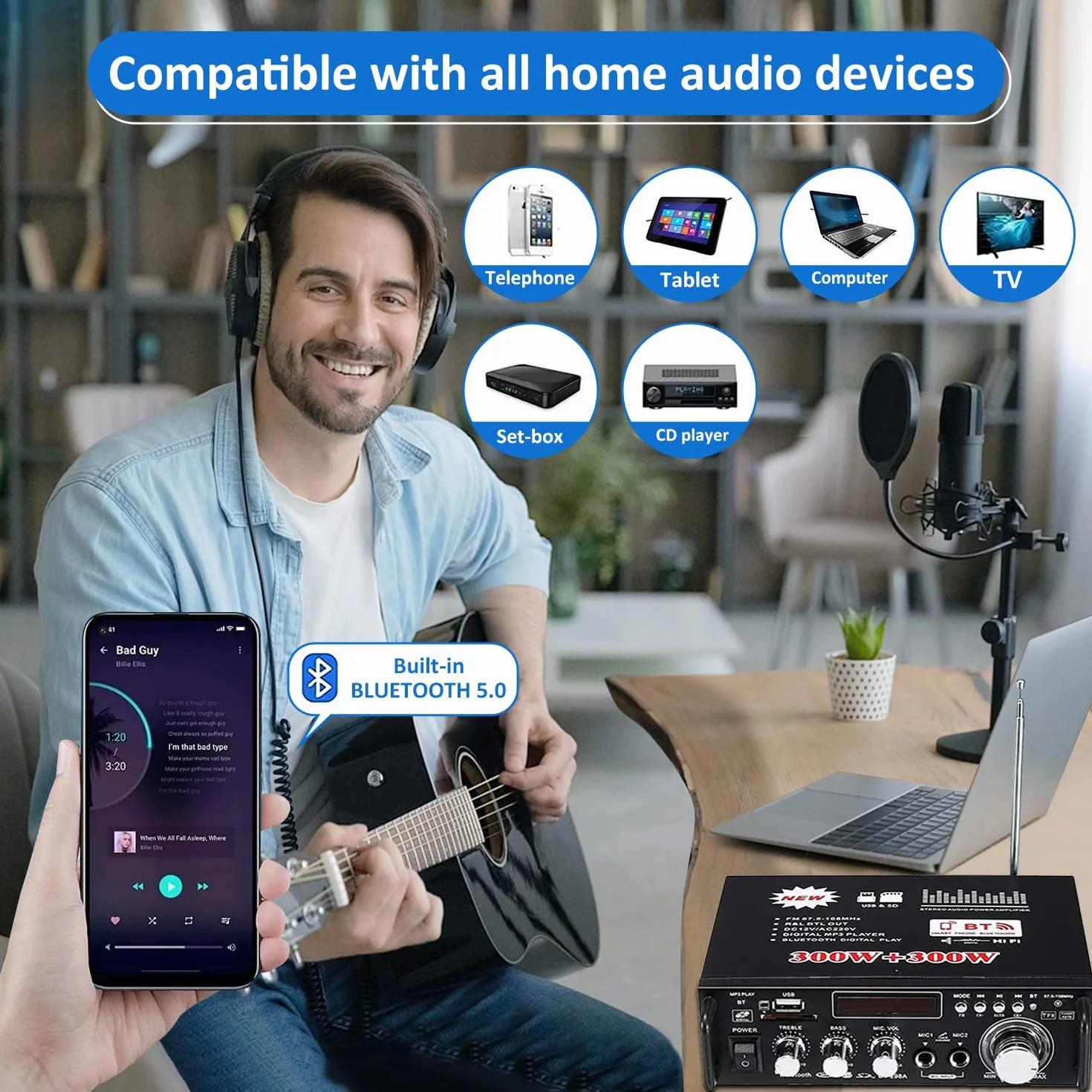Amplificatore Audio HiFi 600W Stereo Bluetooth 5.0 12V 220V 2 Canali Display LCD Radio FM Portatile