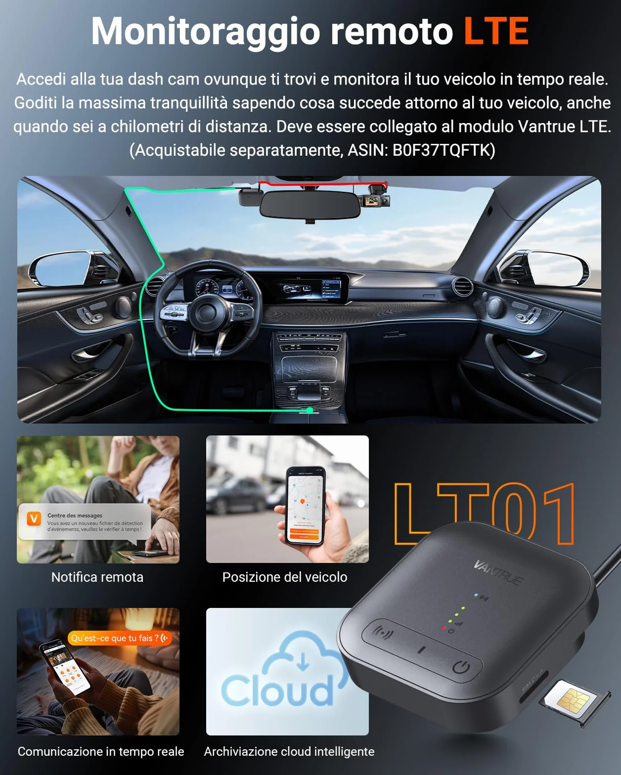 VANTRUE N4S Tripla Dashcam Auto 2.7K+2.5K+2.5K Anteriore Interno Posteriore, 5GHz WiFi GPS Camera Infrarosso, 3 Canuax HDR 360 Gradi, Controllo Vocale Francese, 10s Pre-Registrazione, Max 1 TB