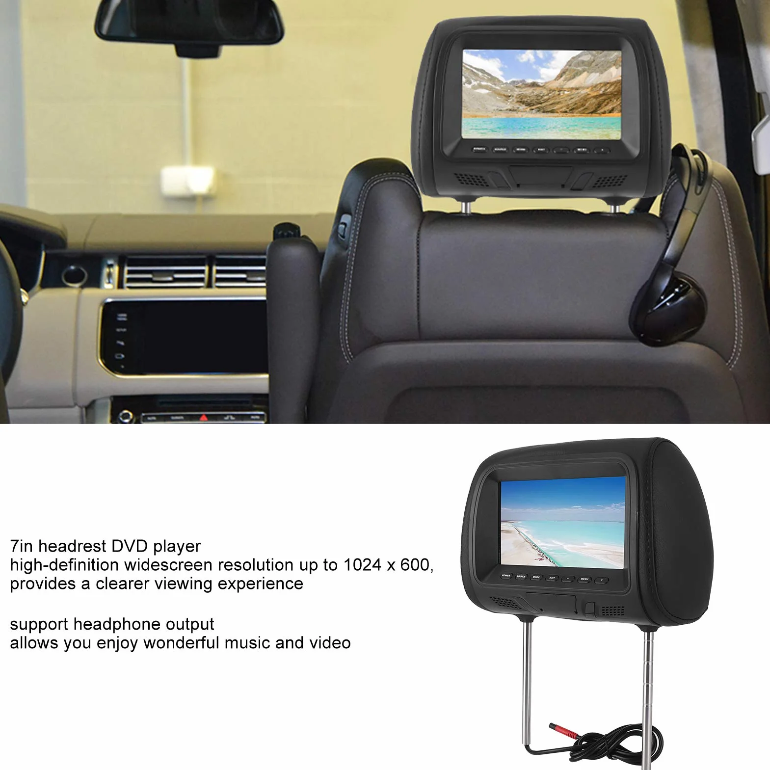 Lettore DVD per poggiatesta per auto, Lettore video per poggiatesta per auto HD da 7 pollici con supporto per poggiatesta e Bluetooth, Monitor per poggiatesta per auto multifunzione per video, giochi