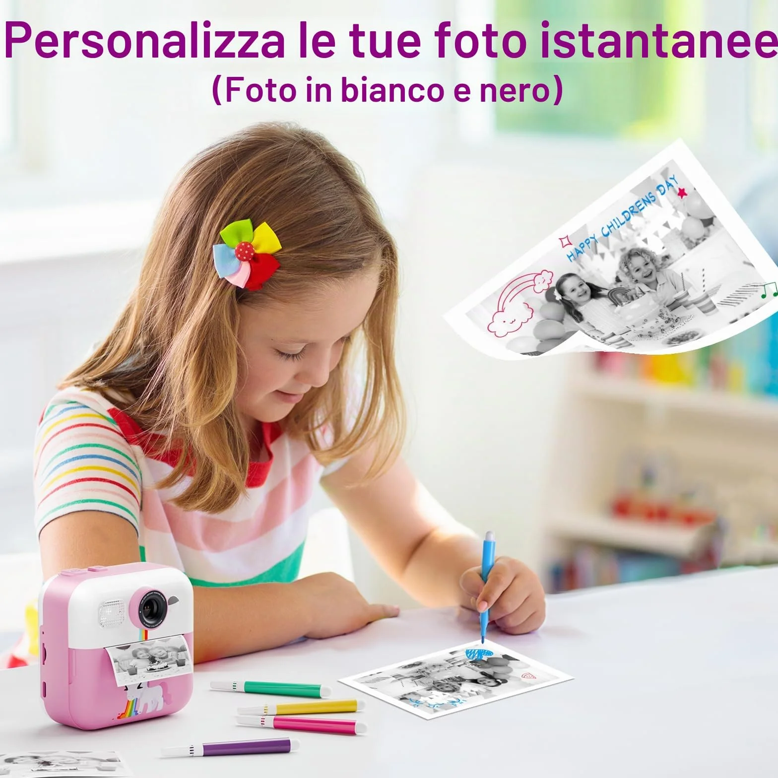Macchina Fotografica Bambini Istantanea, 2,4 Pollici 1080P Fotocamera Bambini Selfie con Carta da Stampa e 32GB Scheda, Giocattolo Regalo di Natale Bambino e Bambina 3 4 5 6 7 8 Anni (Rosa)
