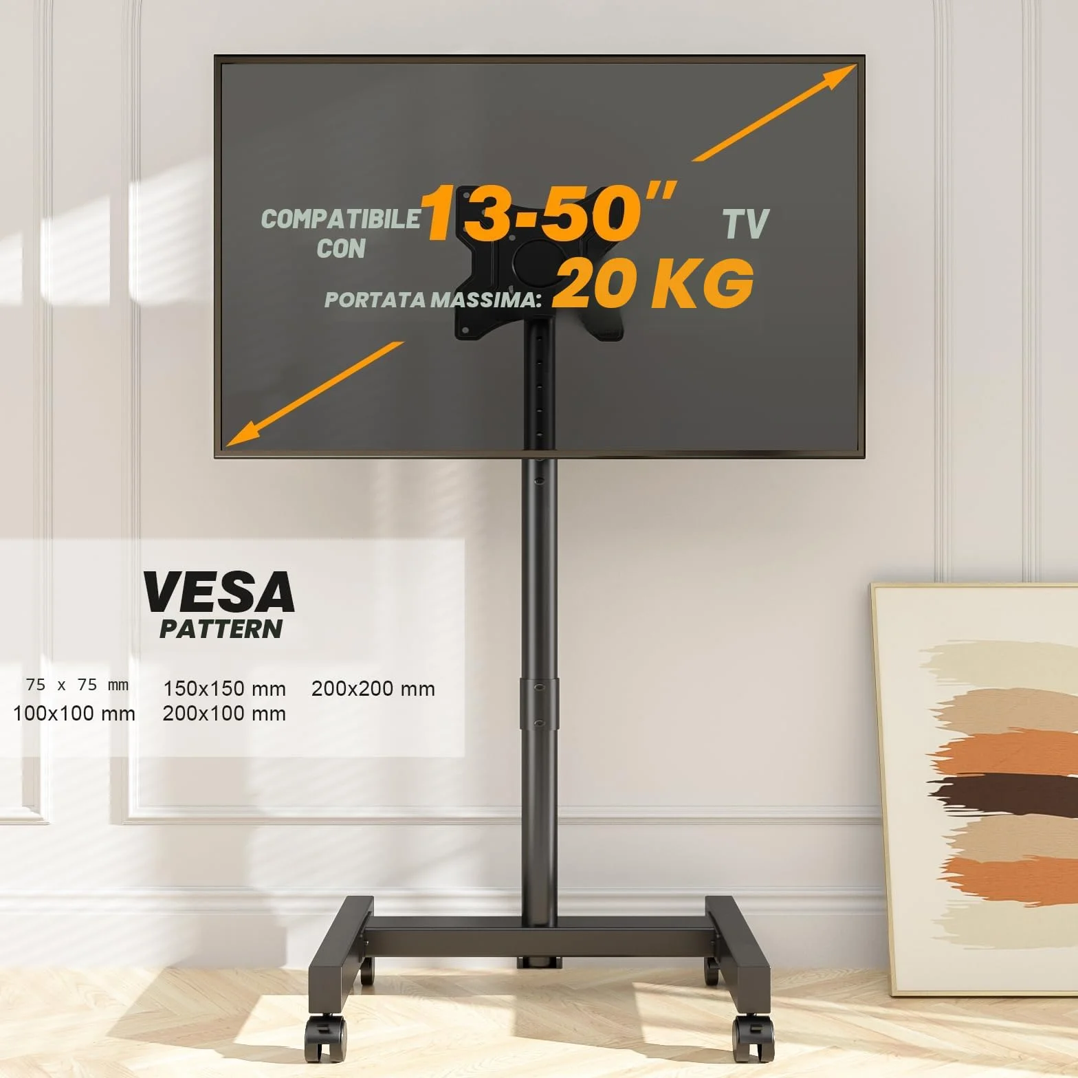 TVON Porta TV con Ruote Per Schermi Plasma/LCD/LED 13-50 Pollici, Girevole Supporto TV da Pavimento Regolabile in Altezza Carrello con Ruote Fino a 20 kg, Max. VESA 200 x200 mm, Nero