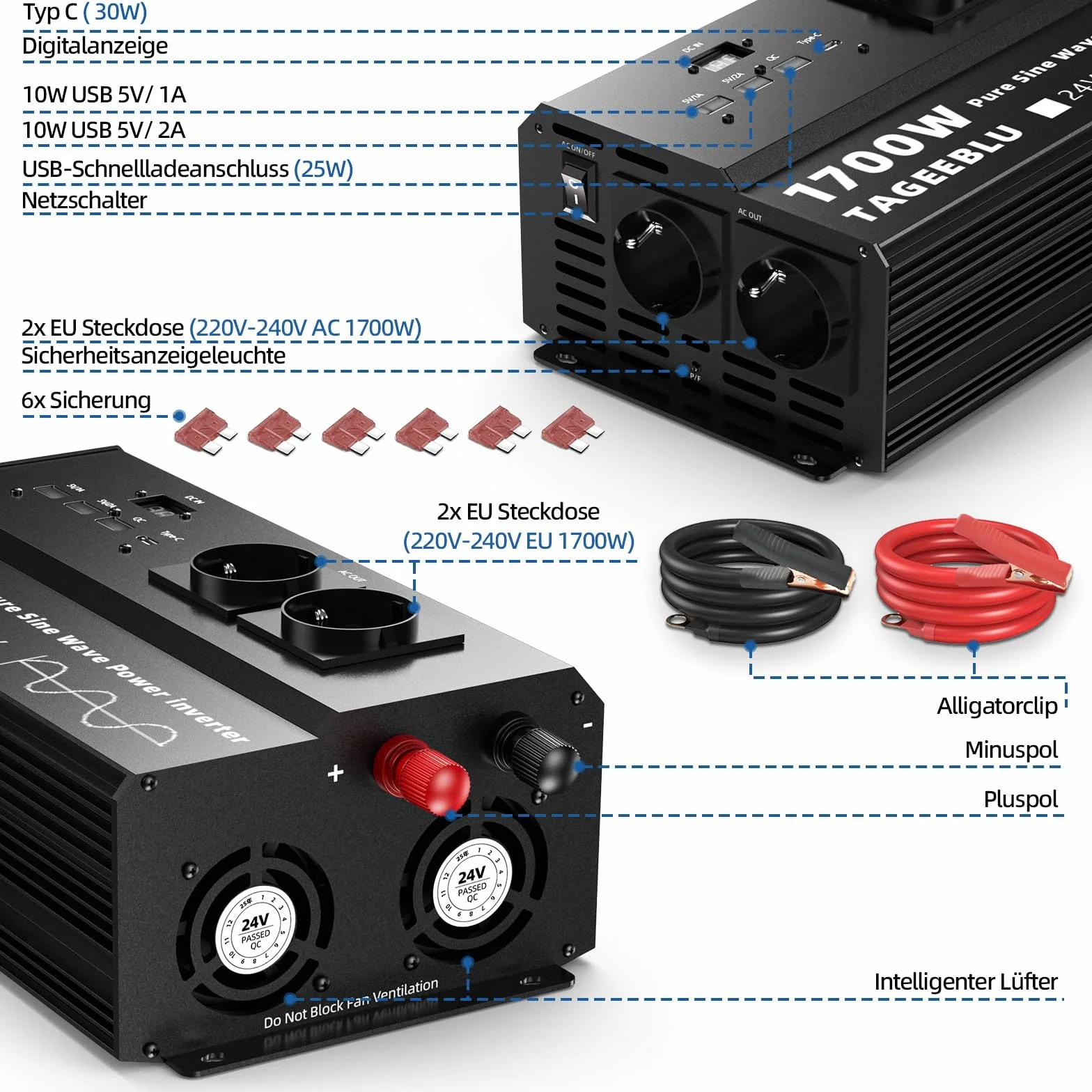 1700W inverter 24v 220v Onda Pura con Display LCD, 4 EU Presa, 4 ports USB et Tipo C 30W