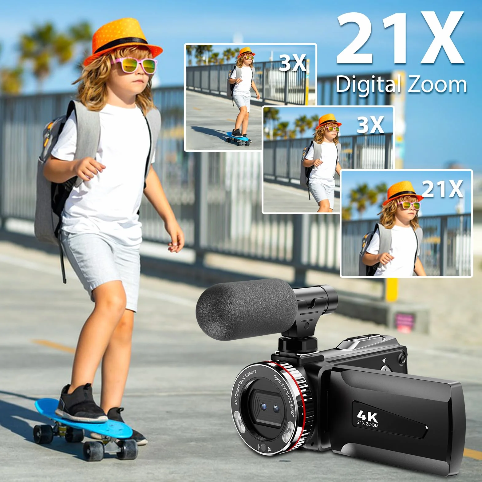 Videocamera 4K 48MP Camcorder per YouTube, 21X Zoom Digitale Videocamere, Schermo Rotante 270° 3" Vlog Camera, Video Camera con Cavo HDMI, Microfono, Telecomando, 2 Batterie (32GB Videocamera)