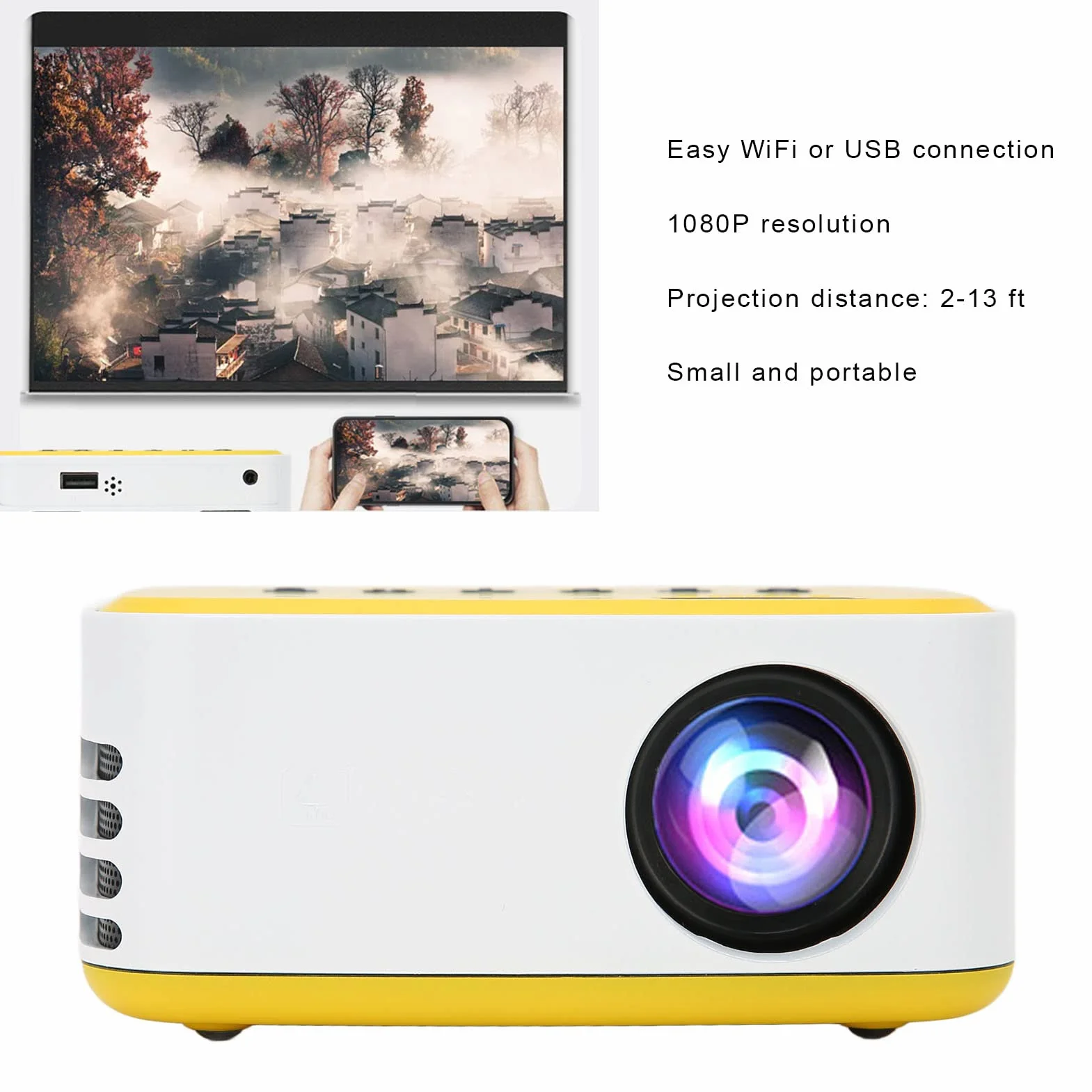 Mini Proiettore, Mini Proiettore Portatile 1080P con Altoparlante Integrato, Proiettore Cinematografico da 20000 Ore Compatibile con Smartphone per Viaggi in Campeggio a Casa(Spina UE)