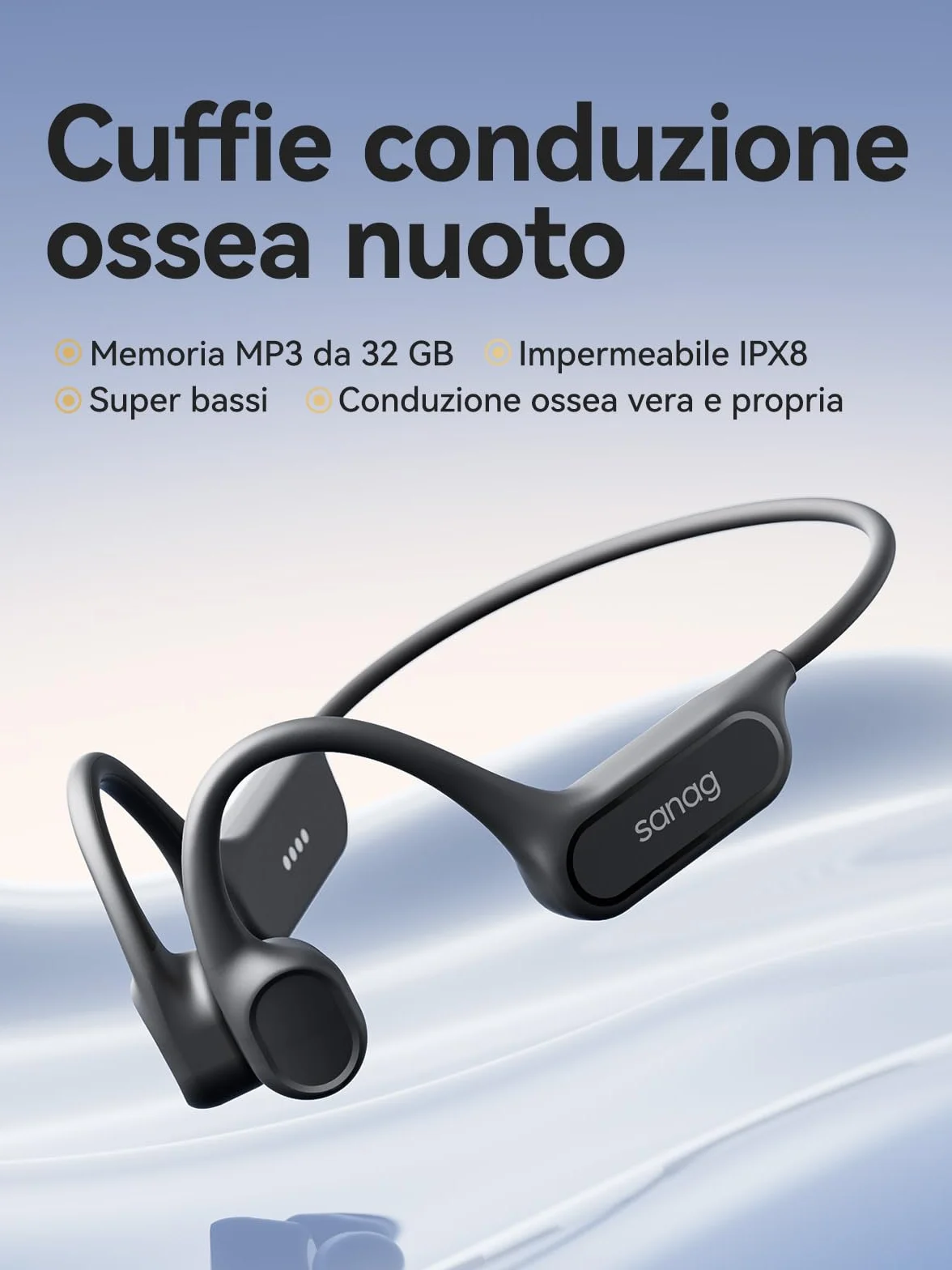 SANAG B33S Cuffie Conduzione Ossea Nuoto, Cuffie Subacquee per Piscina IPX8 Impermeabili con Wireless Bluetooth, Microfono, Lettore MP3 da 32G, 8 Ore di Riproduzione, Auricolari Nuoto Musica, Nero