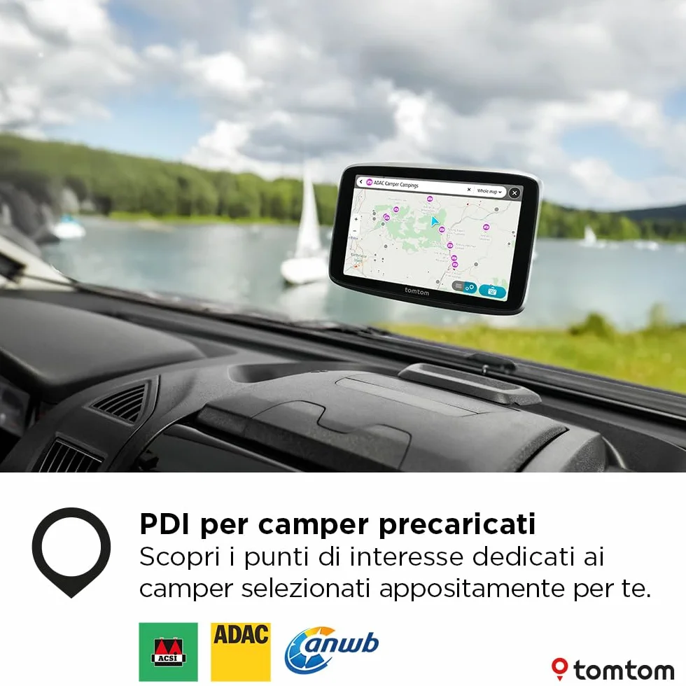 TomTom Navigatore per camper e roulotte GO Camper Tour (schermo da 6", PDI per camper, aggiornamenti Wi-Fi, TomTom Traffic, 6 mesi di avvisi autovelox, mappe d'Europa, indicatore corsia in movimento)