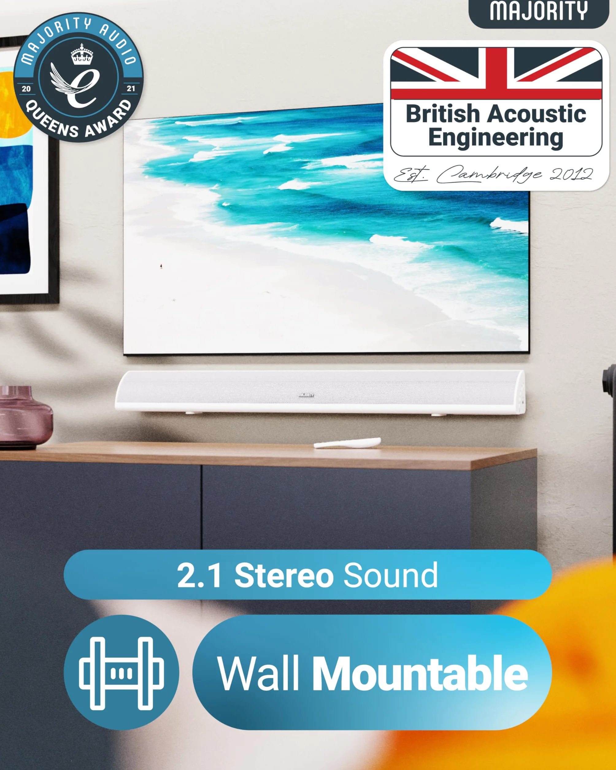 MAJORITY Soundbar Bluetooth per TV | Soundbar stereo montabile a parete | 120 Watt e audio 2.1 canali | Soundbar con subwoofer integrato, telecomando incluso Snowdon Sound bar, connessione multipla