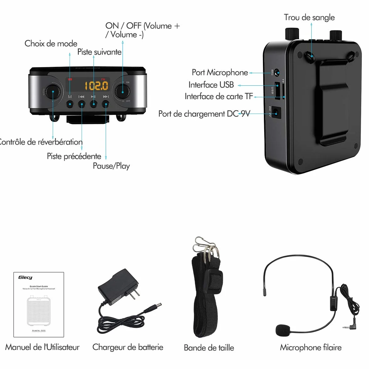 Amplificatore vocale portatile con microfono per cuffie da 30 W, batteria ricaricabile 2800 mAh, potente amplificatore voce per insegnanti, guide, allenatori, presentatori