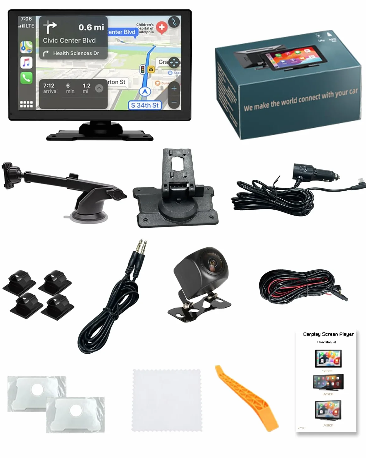 Carplay Auto, 9" Android Auto Wireless, Autoradio Bluetooth con Schermo con 1080P Telecamere Posteriori e Anteriori, Navigazione GPS, Controllo Vocale a Mani Libere, Mirror Link, AUX, FM