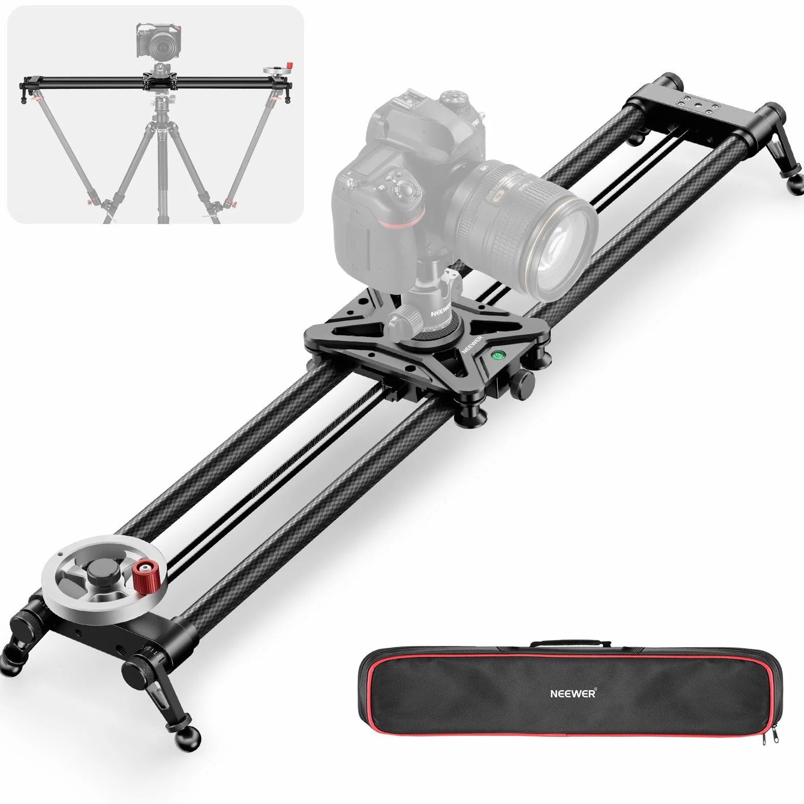NEEWER 31,5"/80cm Camera Slider con Volano e Manovella, Binario Dolly in Fibra Carbonio più Fluido con 4 Cuscinetti Precisi, Gambe Regolabili, per Fotocamera DSLR Camcorder, Carico Massimo 17,6lb/8kg