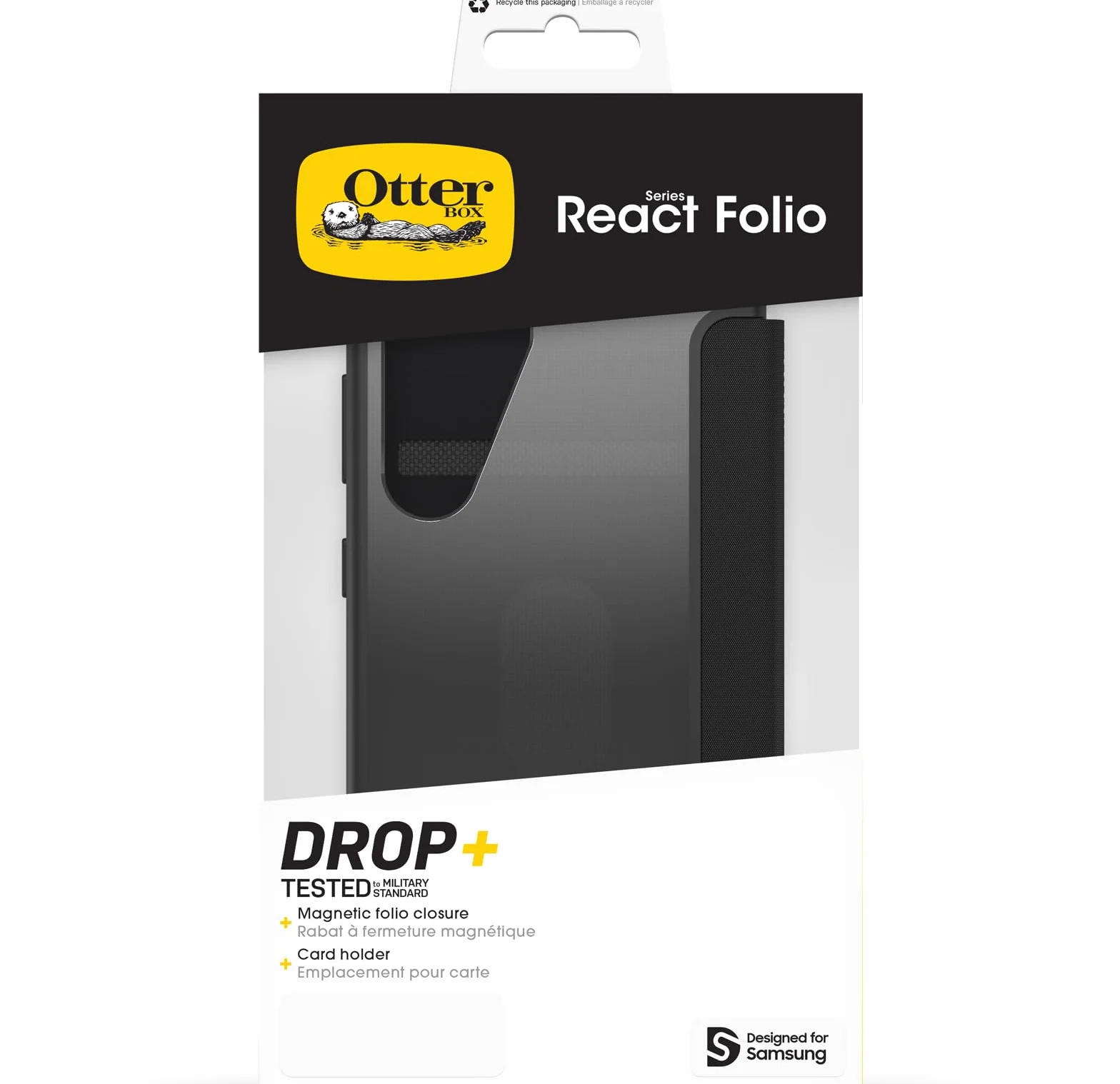 OtterBox Cover React Series Folio per Samsung Galaxy S25, resistente a shock e cadute, slot carte di credito, testata a norme MIL STD 810G, Trasparente/Nero