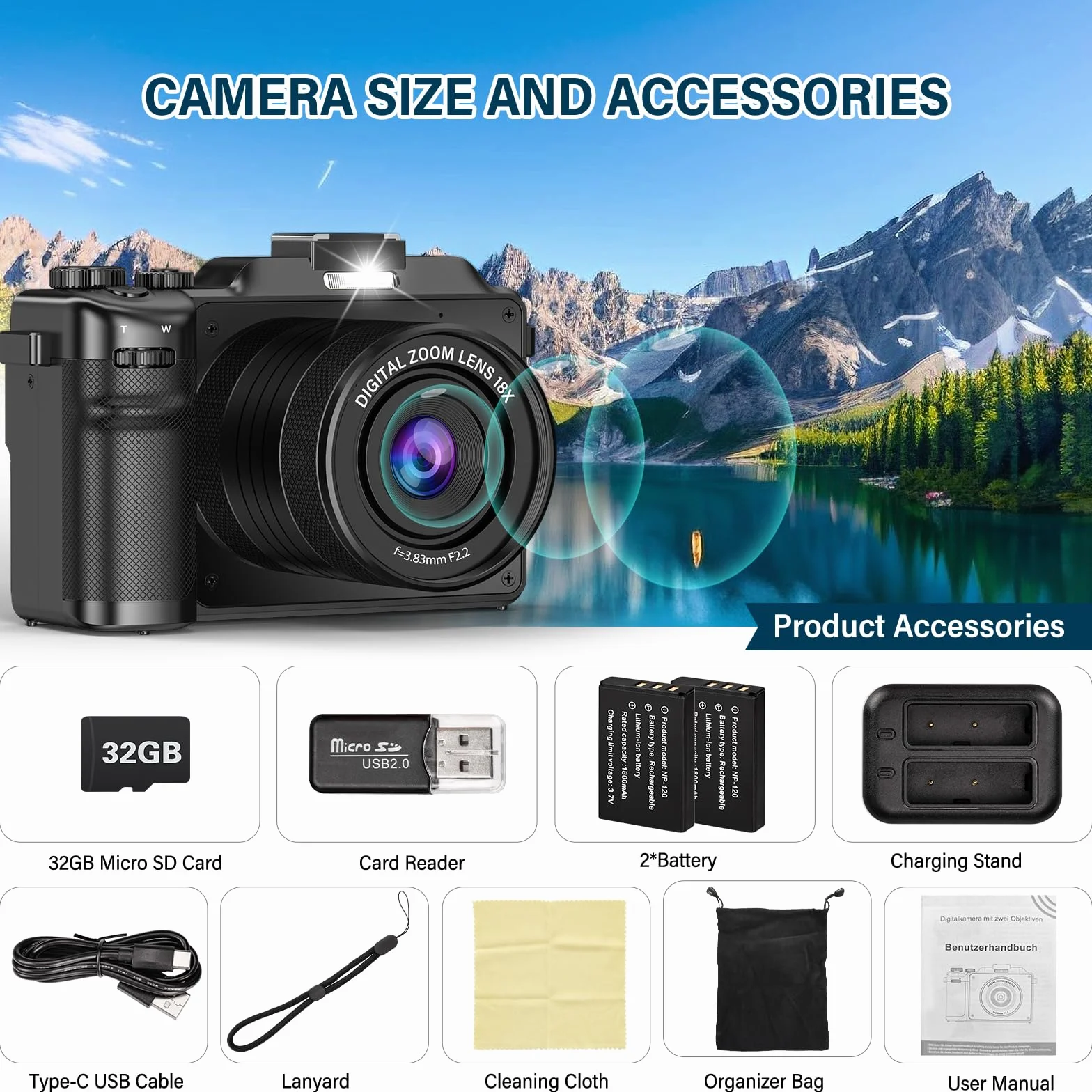 Macchina Fotografica 4K, 64MP 18X Fotocamera Digitale, 3'' Macchina Digitale Compatta Vlogging Camera con Scheda di Memoria da 32 GB Caricabatterie Lettore e 2 Batterie per Principianti