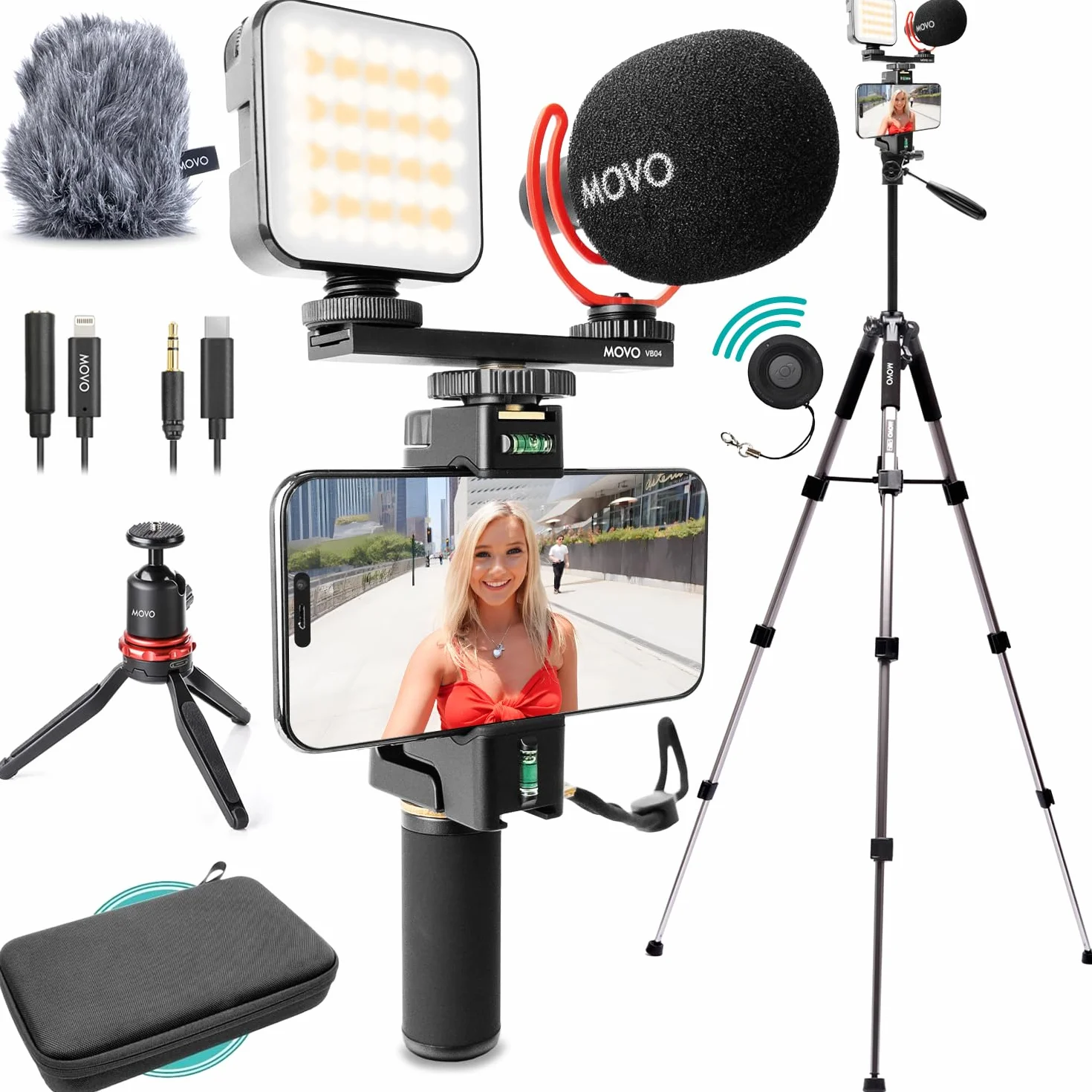 Movo iVlogger-PRO - Kit per vlogging con treppiede completo per iPhone/Android, YouTube Starter Kit per creatori di contenuti, Accessori: treppiede per telefono, supporto per telefono, luce RGB e