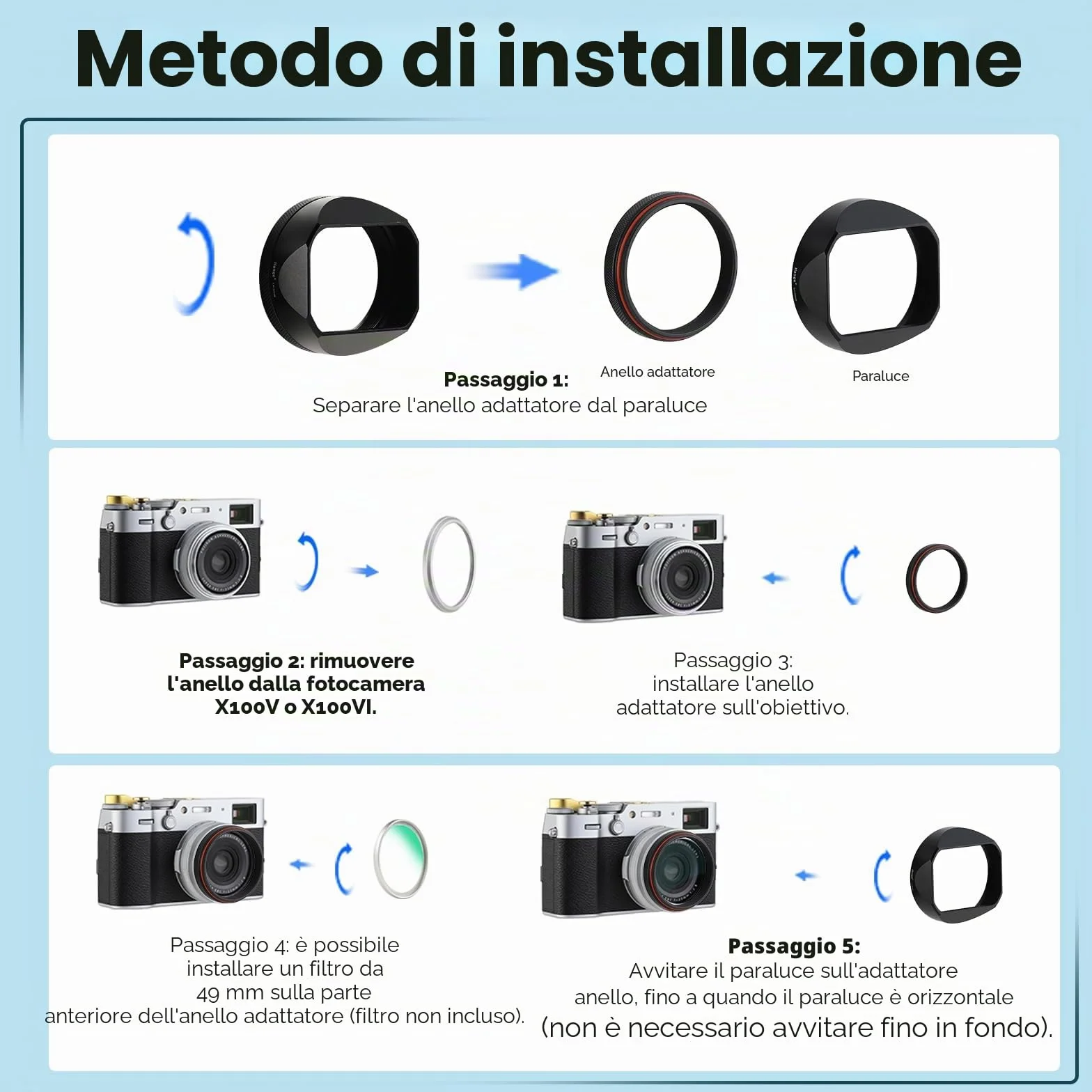 Haoge LH-X54B - Paraluce quadrato in metallo con anello adattatore da 49 mm, per fotocamera Fujifilm Fuji X100V, colore: Nero
