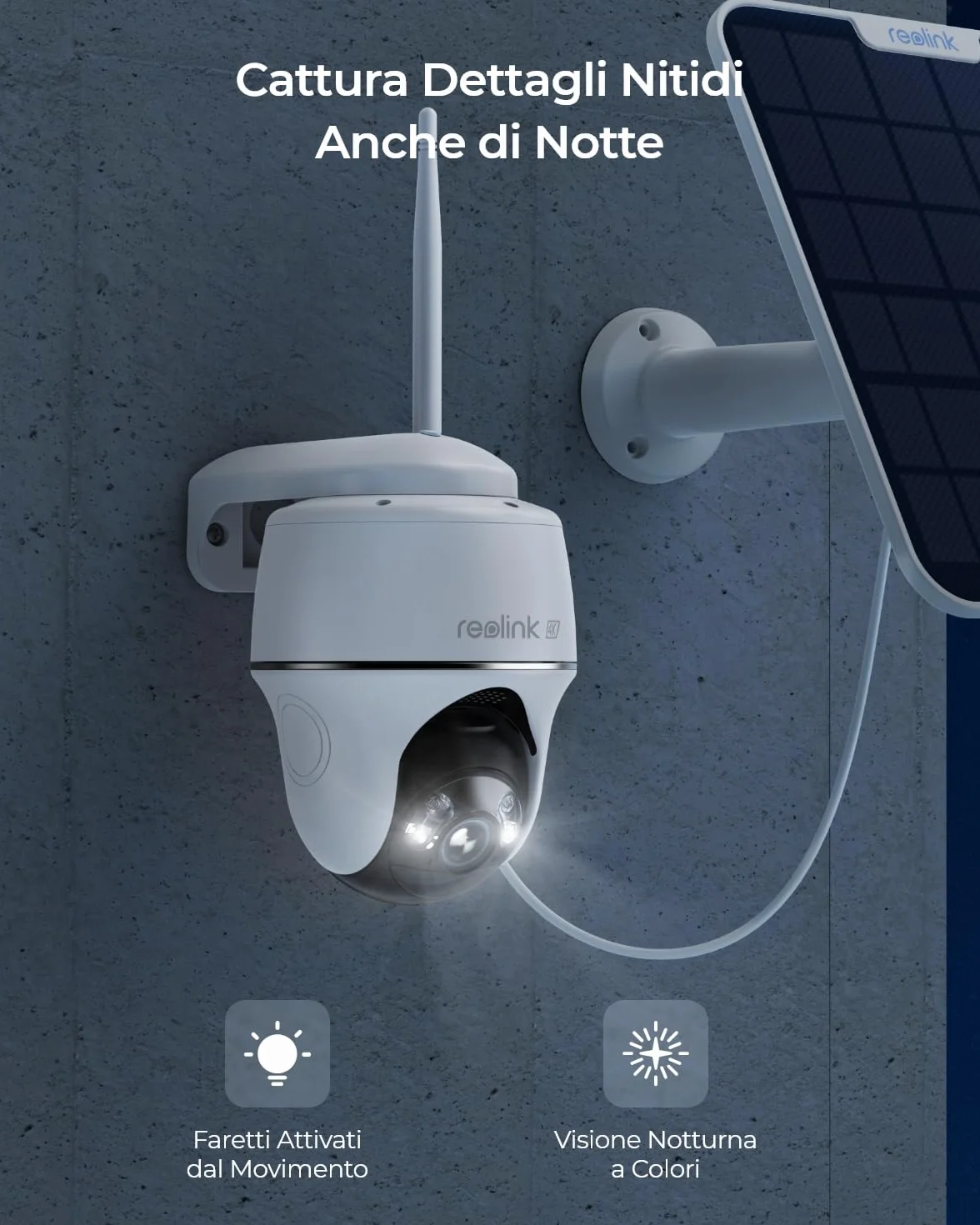 Reolink 4K Telecamera Wi-Fi Esterno con Batteria e Pannello Solare, 360° PTZ Senza Fili, 2,4/5 GHz WiFi, Rilevamento Uomo/Auto/Animale, 8MP Visione Notturna a Colori, Sirena/SD/Cloud, Argus PT Ultra