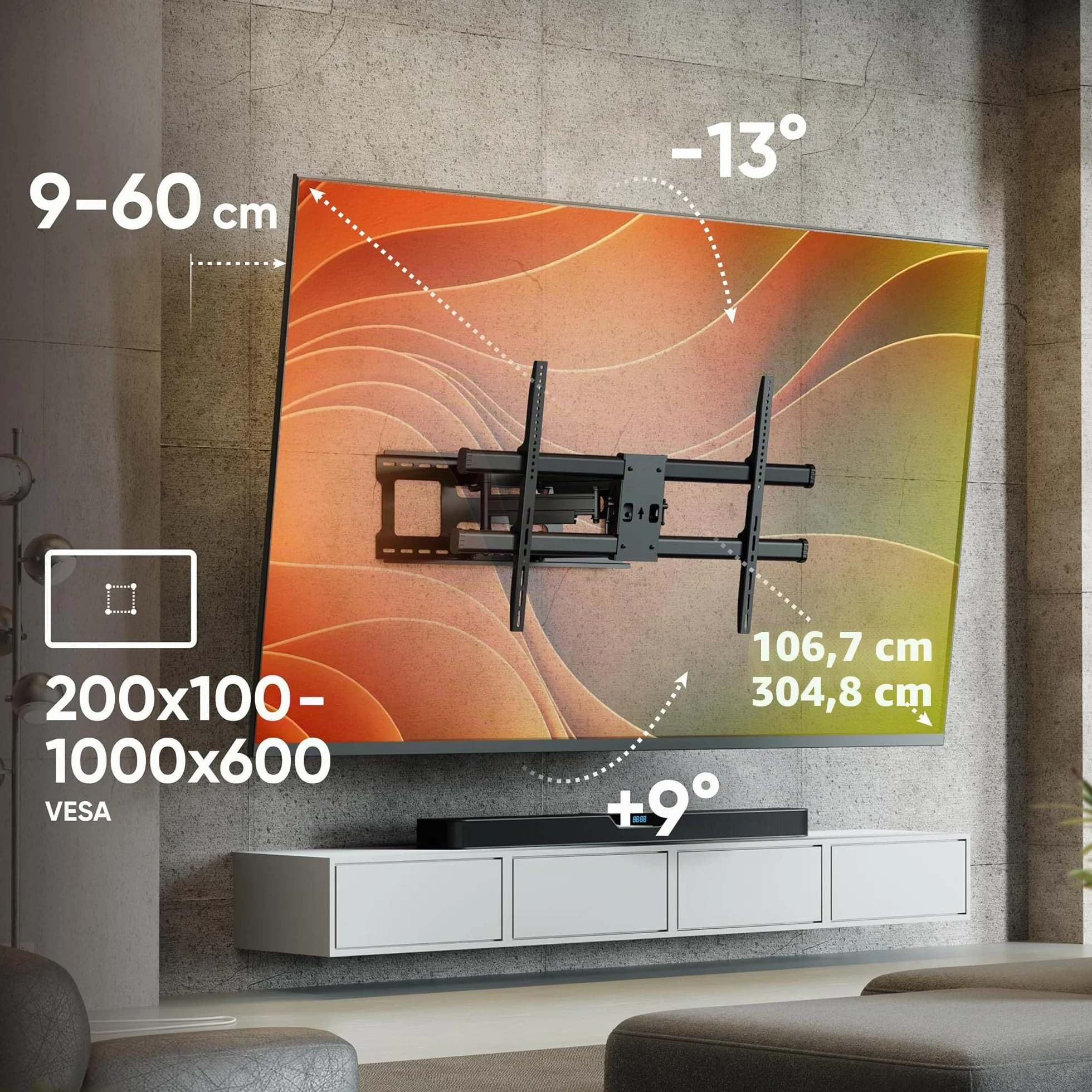 ONKRON Supporto TV Parete 42-120 Pollici fino a 100 kg, VESA 200x100-1000x600 mm, Staffa TV Girevole e Inclinabile, Braccio Porta Televisore Estensibile per Schermi di Grandi Dimensioni, Nero, M10-B
