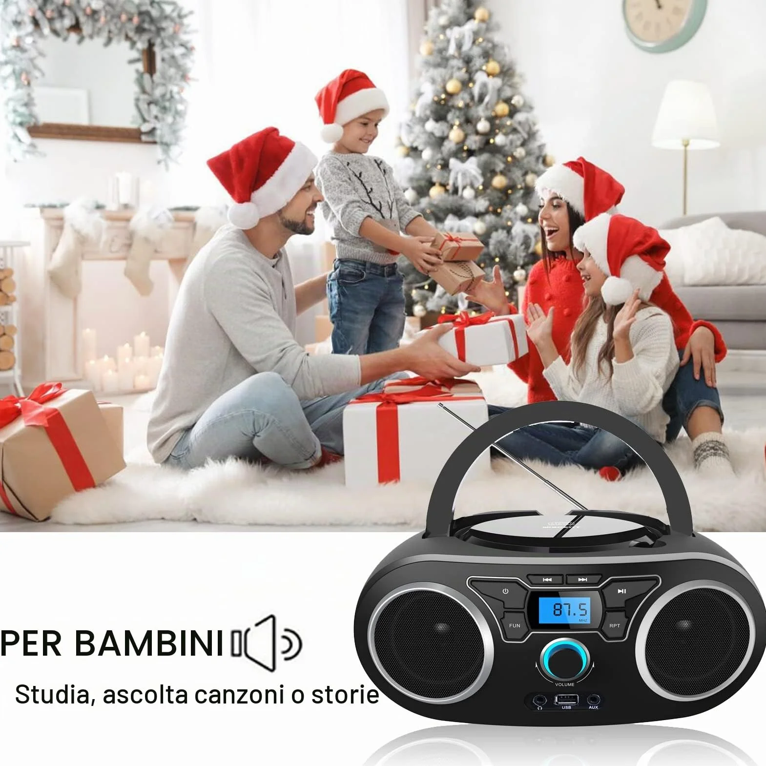WISCENT Lettore CD Boombox Portatile - Stereo con Radio FM, Ingresso Bluetooth, USB, AUX, Uscita Auricolari, Audio Domestico Compatto, AC o Alimentato a Batteria