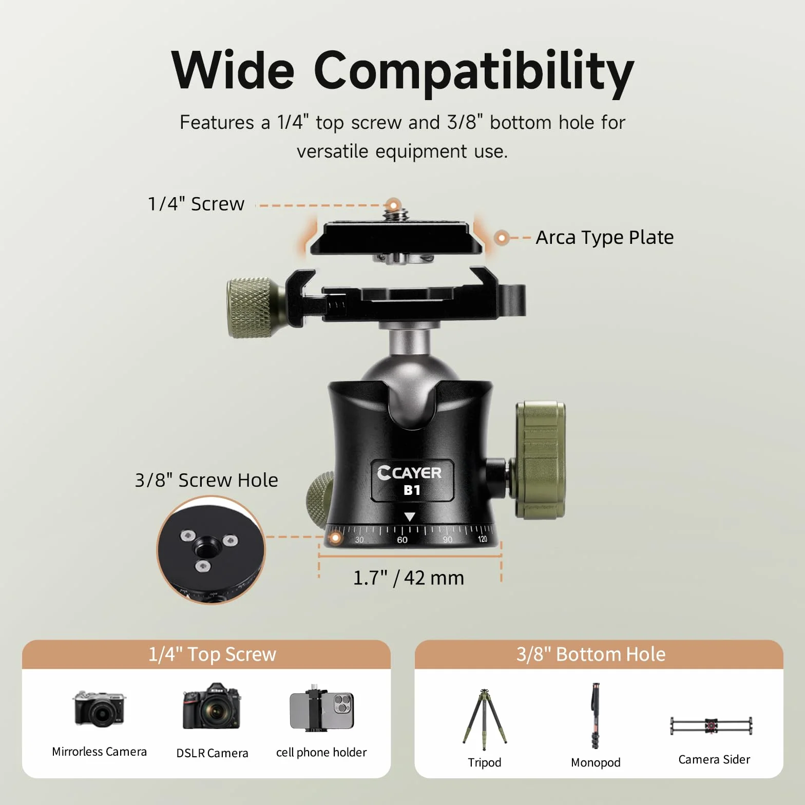 Cayer CH35 Treppiede da Viaggio con Testa Sferica, Treppiede Compatto in Fibra di Carbonio, Altezza 136 cm, Carico Max 8 kg (17.6 lbs) per Fotocamere Mirrorless, Videocamere, Smartphone e Webcam