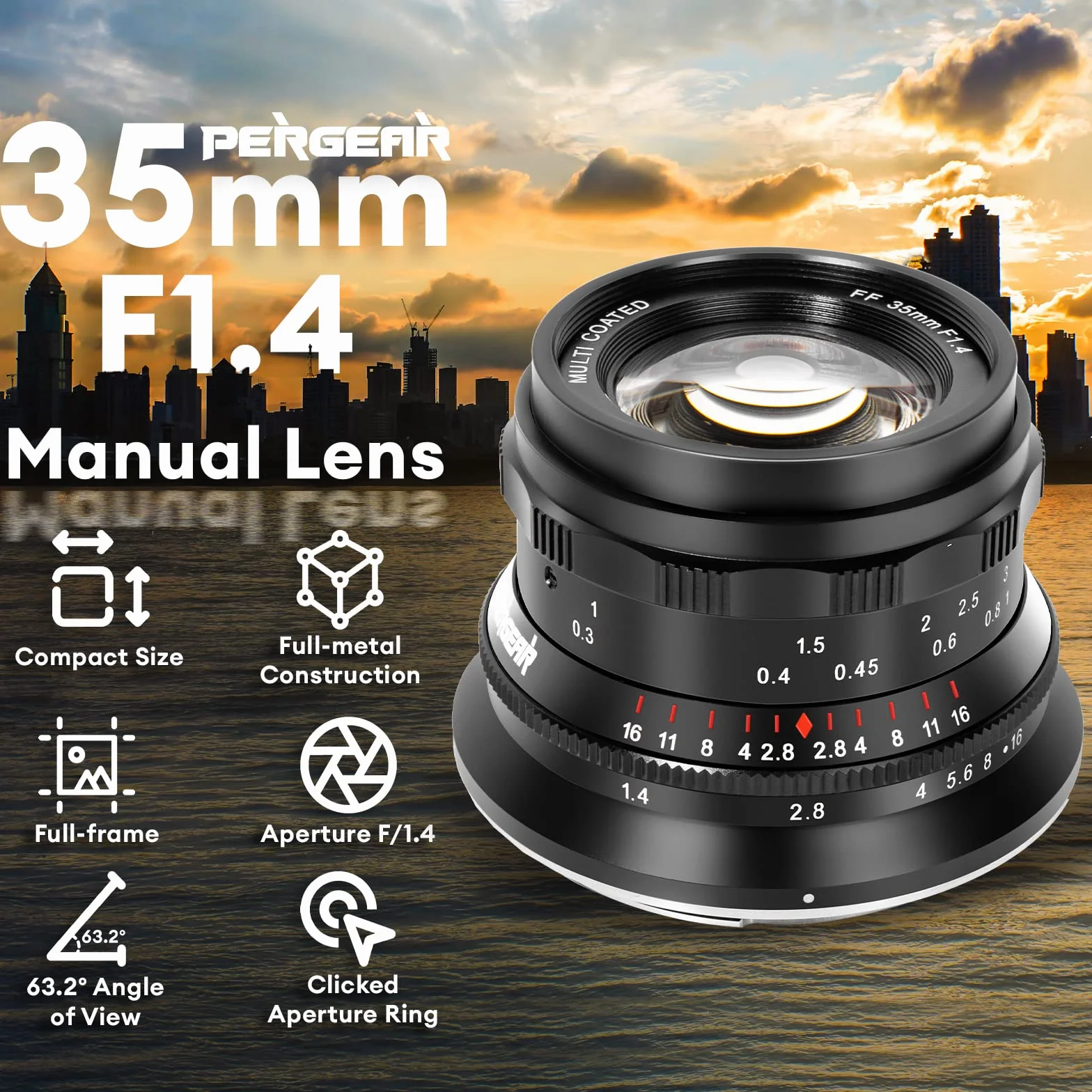 PERGEAR 35mm F1.4 Full-Frame Obiettivo con messa a fuoco manuale, compatibile con fotocamere Sony E-Mount A7RIII A7RIV A7S A7SII A7SIII A9 A7C A6400 A6000 A6600 A6100 A6500 A6300