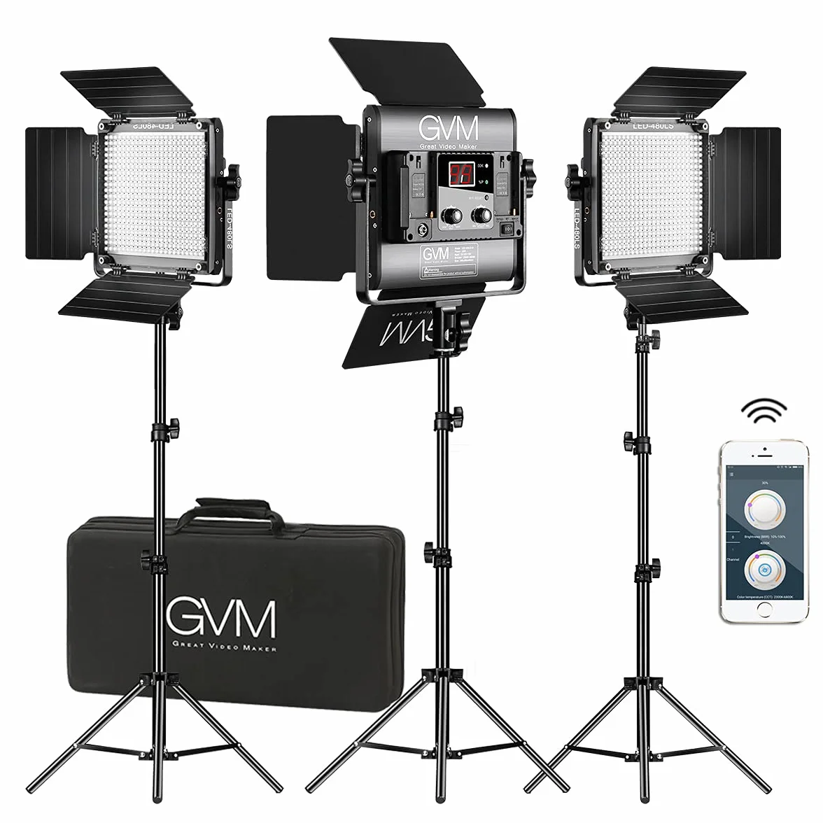 GVM - Lampada per video a LED con treppiede, controllo tramite app, 480 LED, per YouTube Studio, set di luci video, pannello a LED bicolore CRI97, 2300 K-6800 K (confezione da 3)