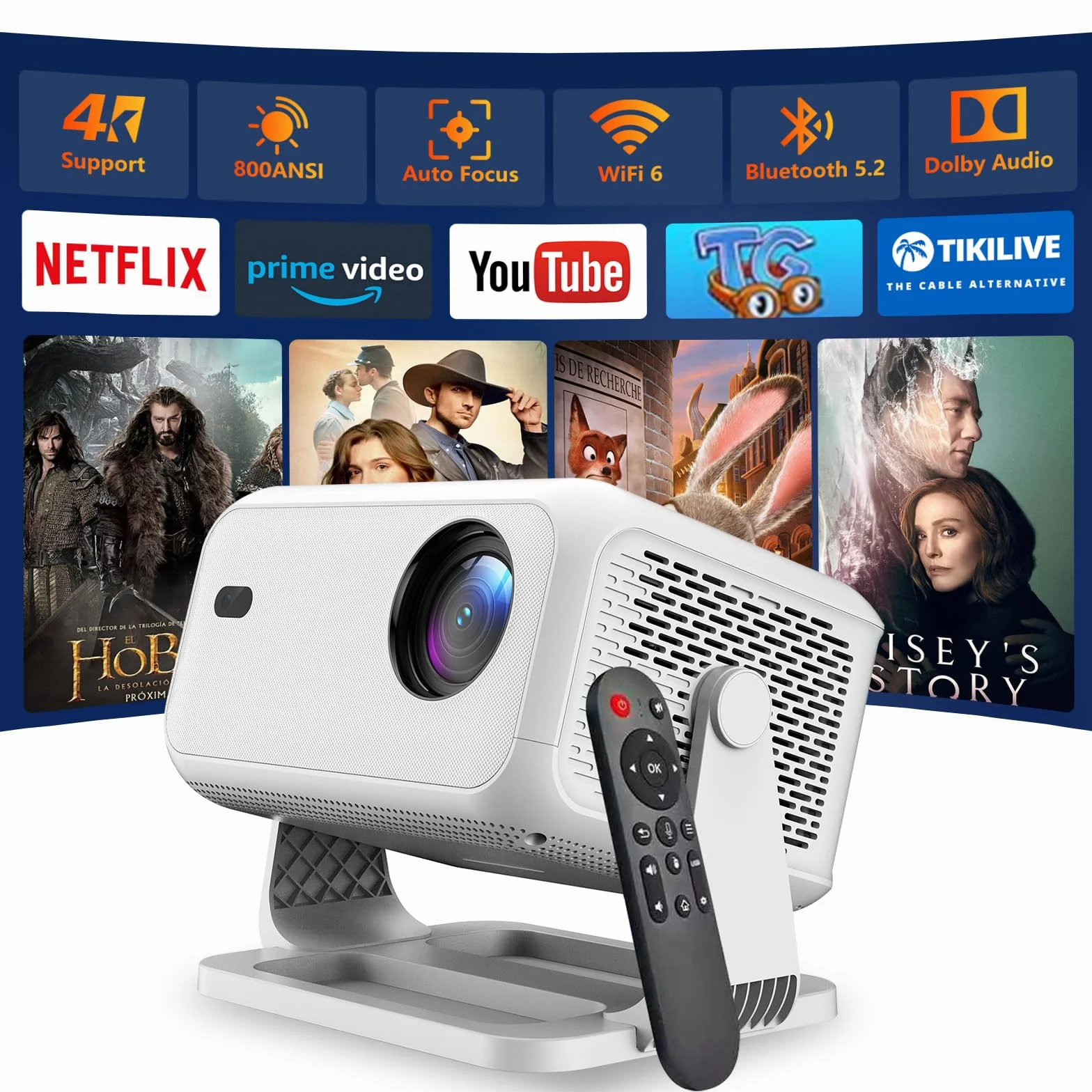 Smart Proiettore Portatile Compatibile con Netflix Autofocus Correzione Trapezio 600 ANSI WiFi6 Bluetooth HD 1080P VNEIMQN Supporto 4K Proiettori Smart per Home Cinema/Esterno (L350-Standard)