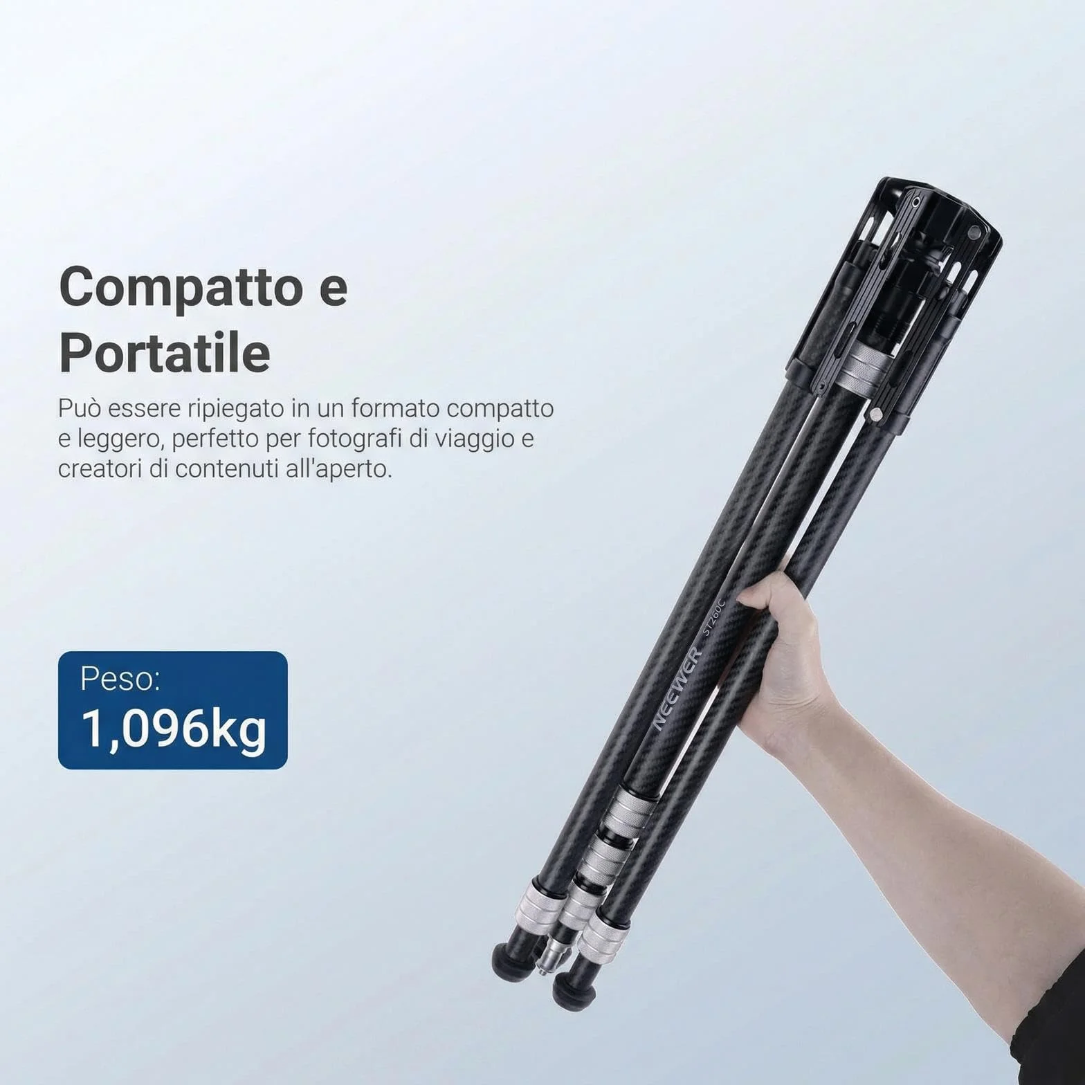 NEEWER Treppiede Luce in Fibra Carbonio con Gambe Reversibili, Stativo Luci Fotografiche Portatile Leggero 89-260cm per Strobo Softbox Ring Light Action Cam DSLR per Streaming Video, Max 3kg, ST260C