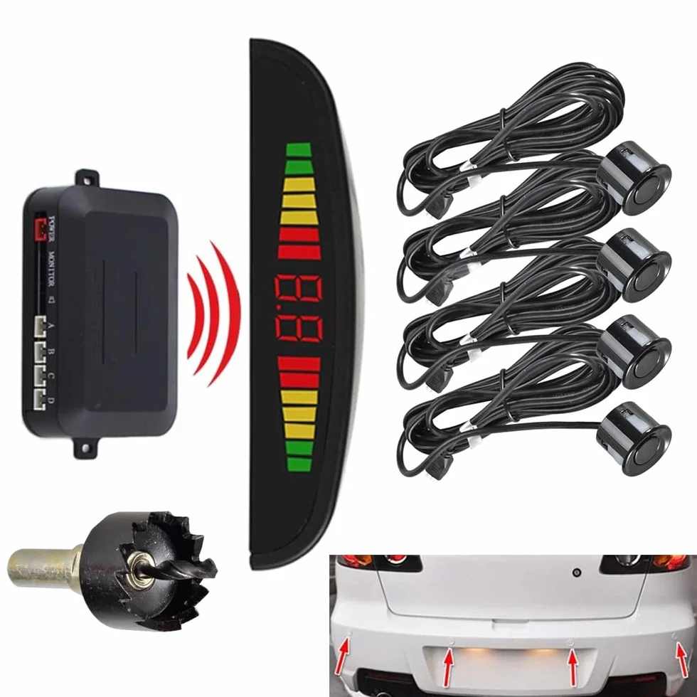 MASO Radar di retromarcia wireless per auto con kit 4 sensori, Radar di retromarcia wireless per auto DC 12V 0,3-2,0 m/11,81-78,74 pollici