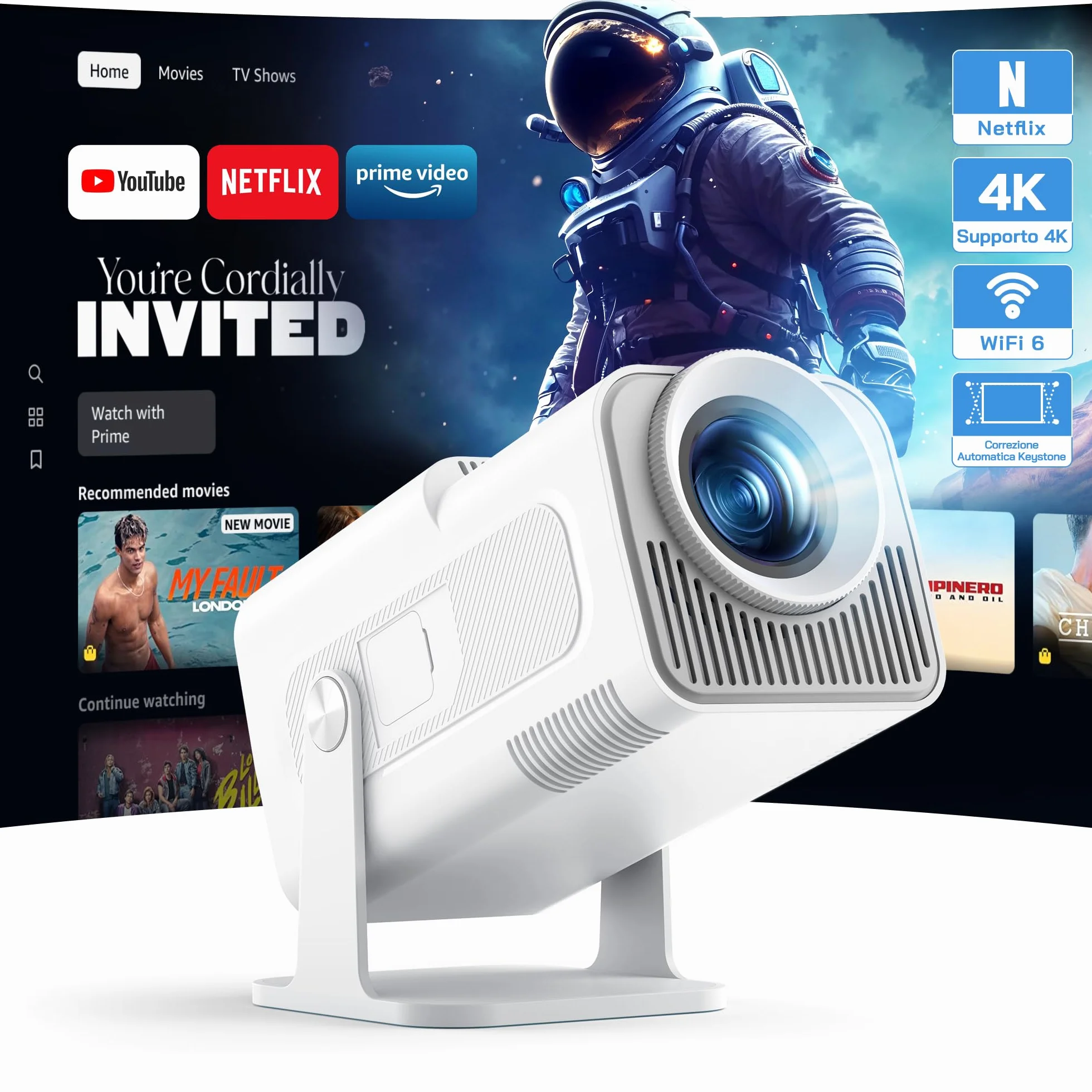 WOLFANG 4K Mini Proiettore【App Integrata/Netflix Ufficiale】, 26000 Lumen Proiettore Portatile con WiFi 6, 50% Zoom, Ruotabile 180° Videoproiettore per Home Theater/TV Stick/iOS/Android/PC/PS5/HDMI/AV