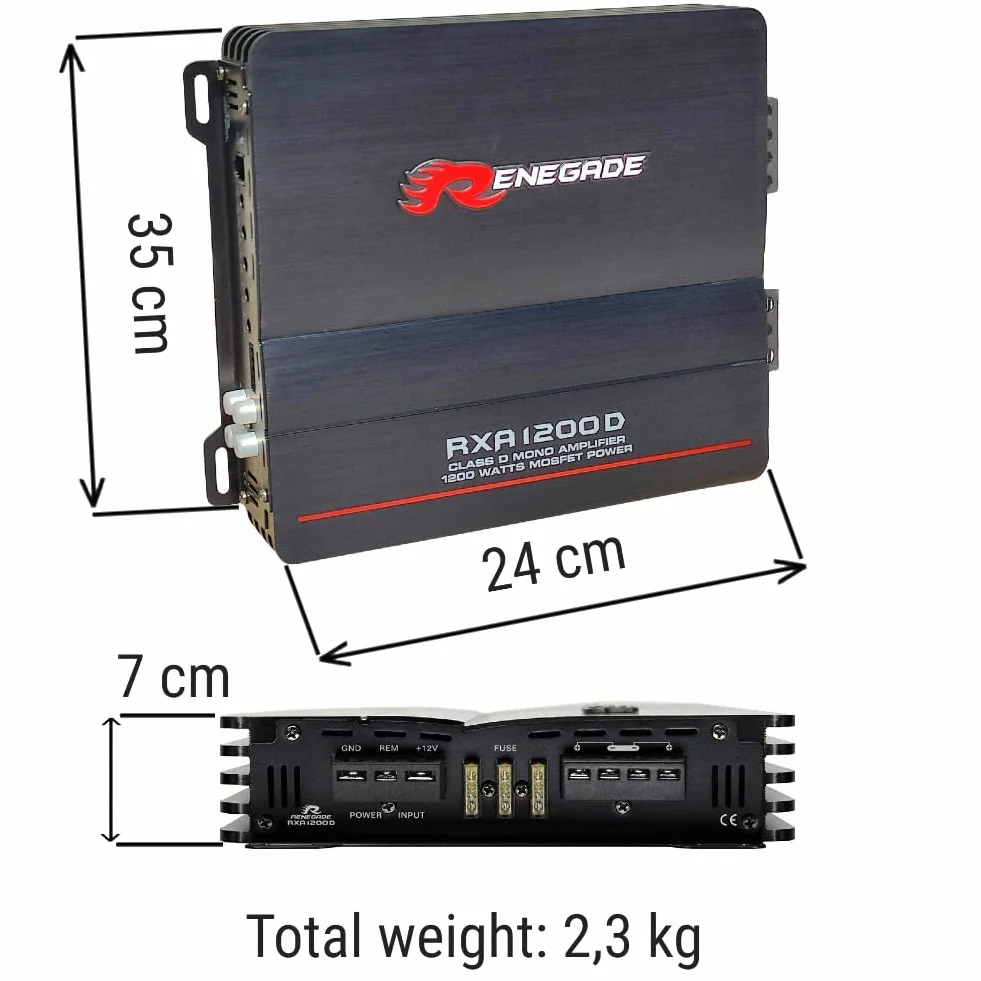 1 amplificatore RENEGADE RXA1200D RXA 1200 D monofonico classe d 1 canale 600 watt rms stabile a 1 ohm 1200 watt max, 1 pezzo + 3 adesivi