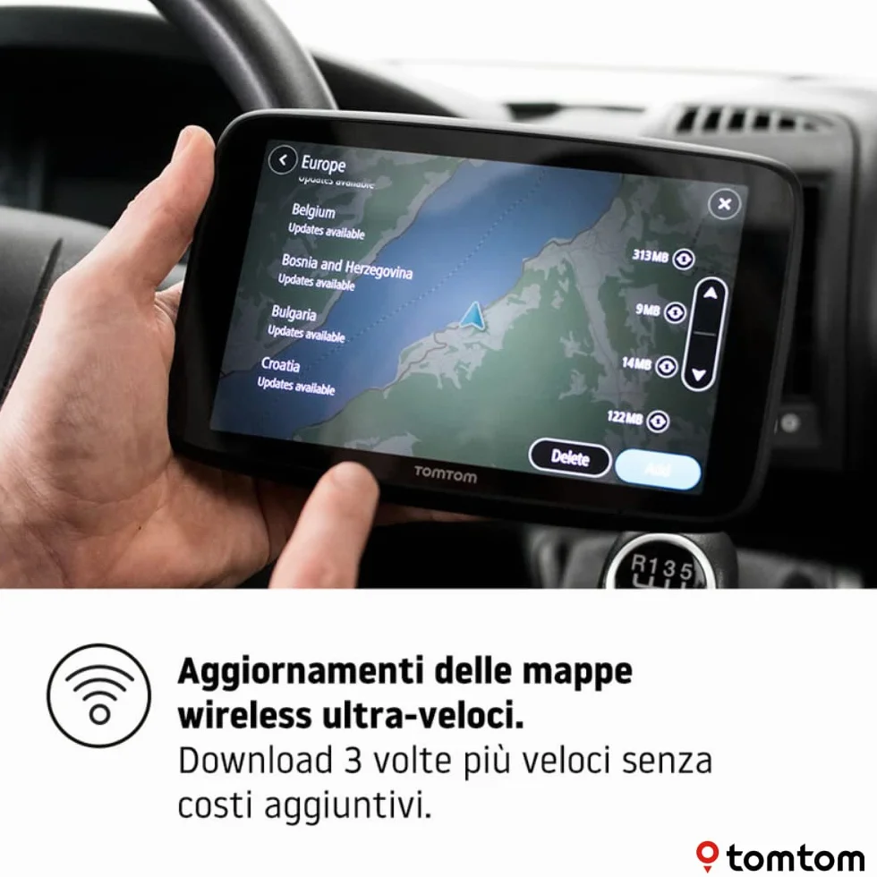 Navigatore satellitare per camper, caravan e roulotte GO Camper Max con schermo HD da 7", PDI per camper, caravan e roulotte, aggiornamenti Wi-Fi, TomTom Traffic, avvisi autovelox e mappe del mondo