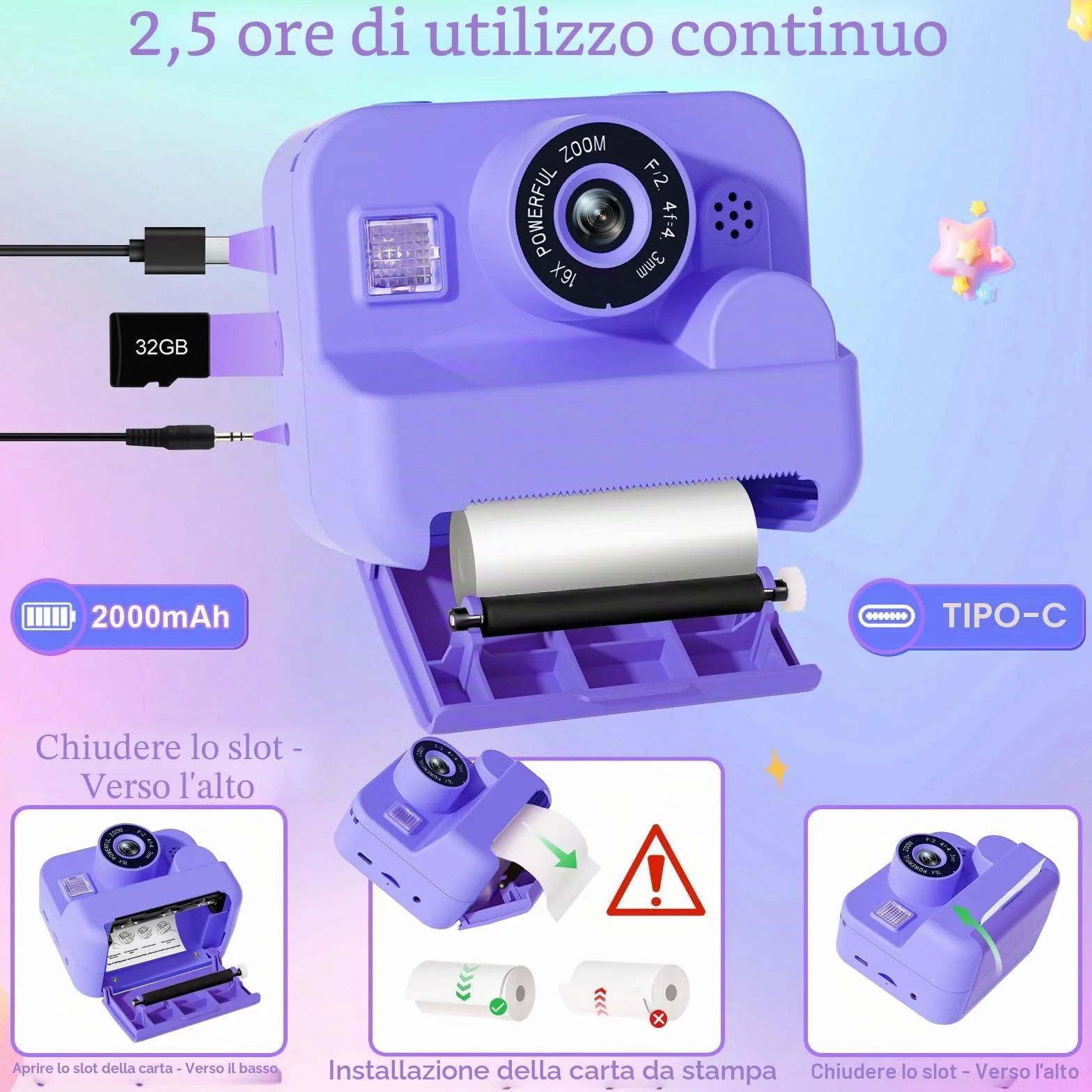 GKTZ Macchina Fotografica Bambini Istantanea - 1080P HD Digitale Macchina Fotografica Bambini Stampa con 32GB Scheda SD, Giocattolo Regali di Compleanno per Bambine di 4-12 Anni