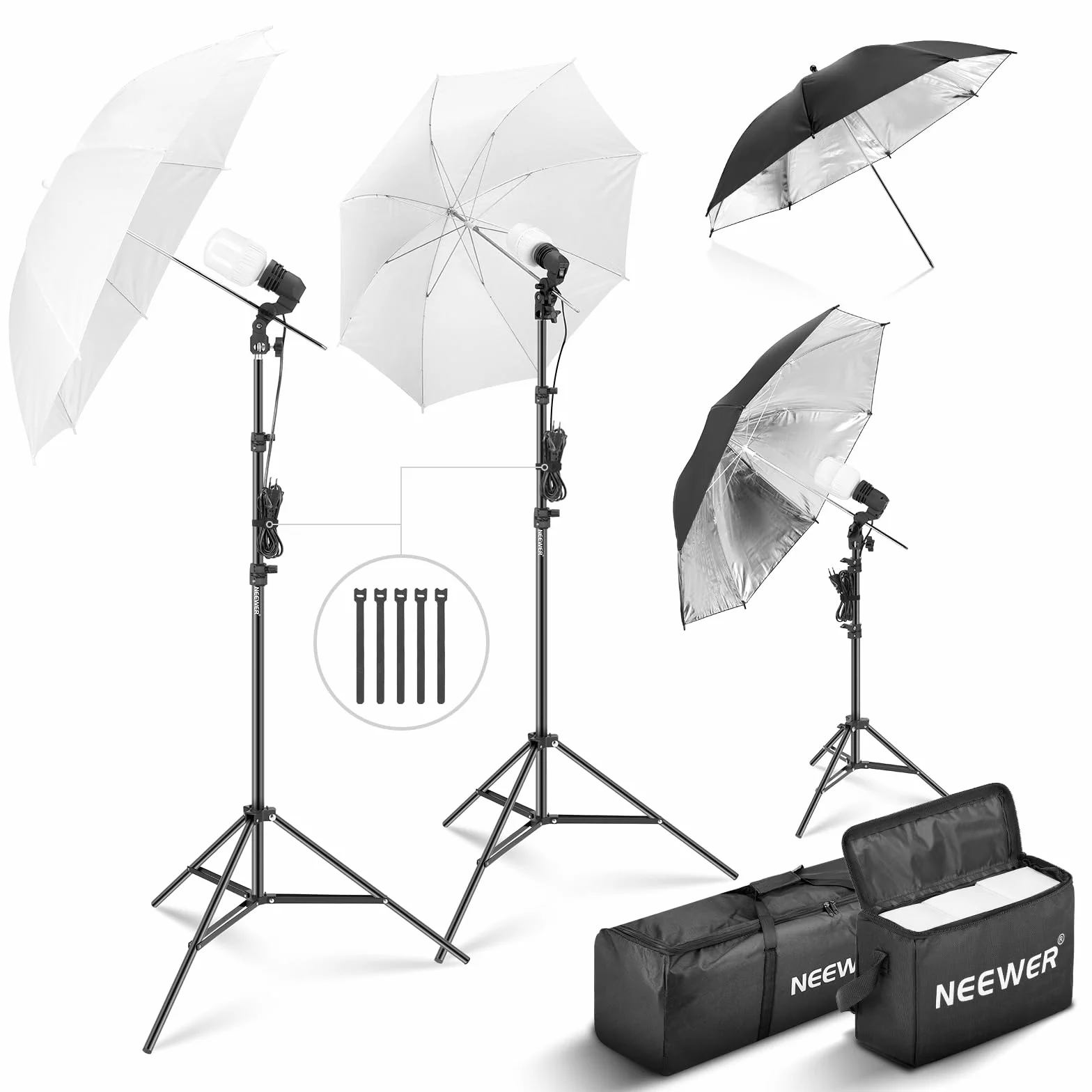 NEEWER Kit di Illuminazione Fotografica 600W,Equivalente a Incandescenza con 2 Ombrello Bianco,2 Ombrello Nero, 3 Lampadina LED da 24W,3 Stativo per Luce, 2Borsa, 5 Fascetta,3 Base per Presa E27,NK500