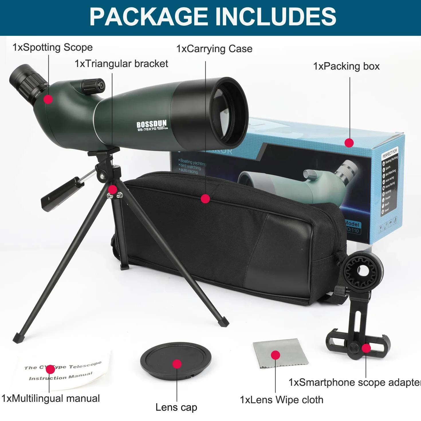 Cannocchiale, zoom 20-75x70mm Lente ottica completamente multistrato antiappannamento e mobile Telescopio con design in gomma per oculare con kit di montaggio rapido per smartphone e treppiede
