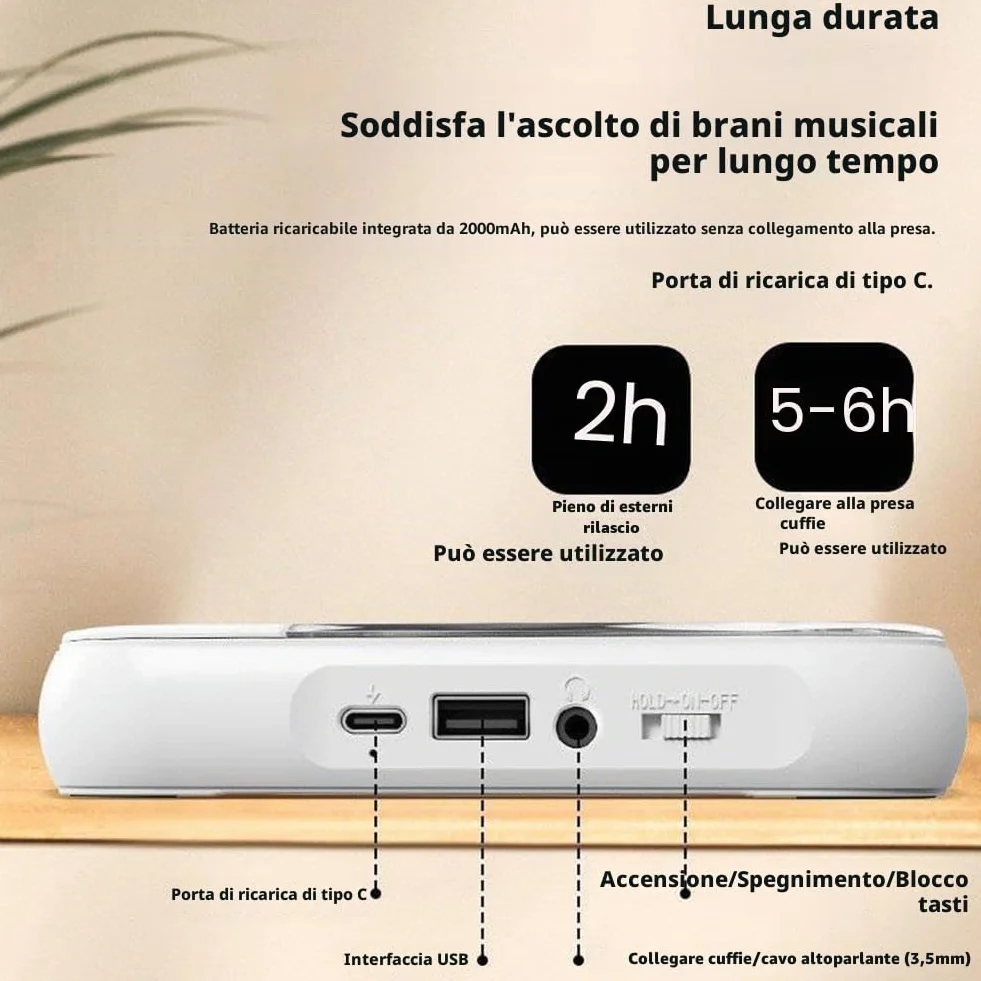 Lettore CD portatile con Bluetooth, piccoli lettori CD Hi-Fi con altoparlante, riproduttore compatto per auto/studio/viaggi, con cavo USB-C e auricolari (nero)