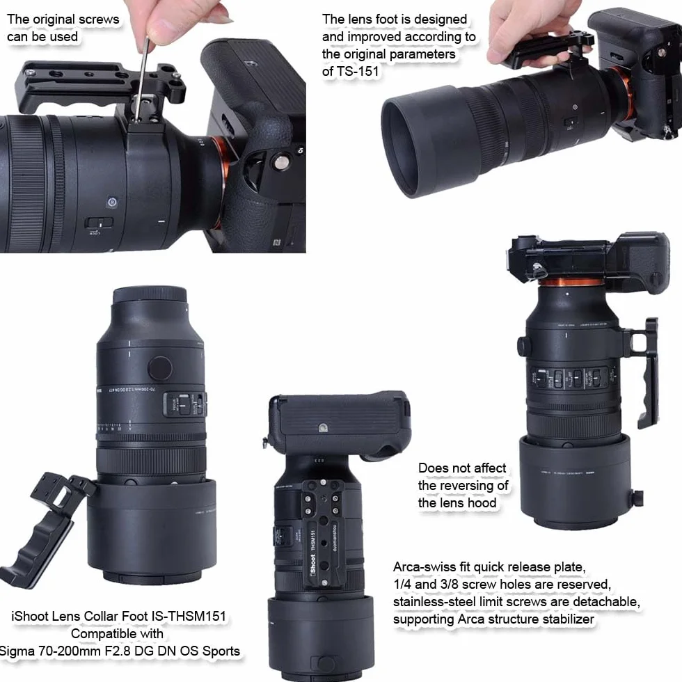 iShoot Base ad anello di ricambio per treppiede compatibile con Sigma 70-200 mm F2.8 DG DN OS Sports e 500 mm F5.6 DG DN OS Sports, staffa di supporto con piastra a sgancio rapido Arca-swiss Fit