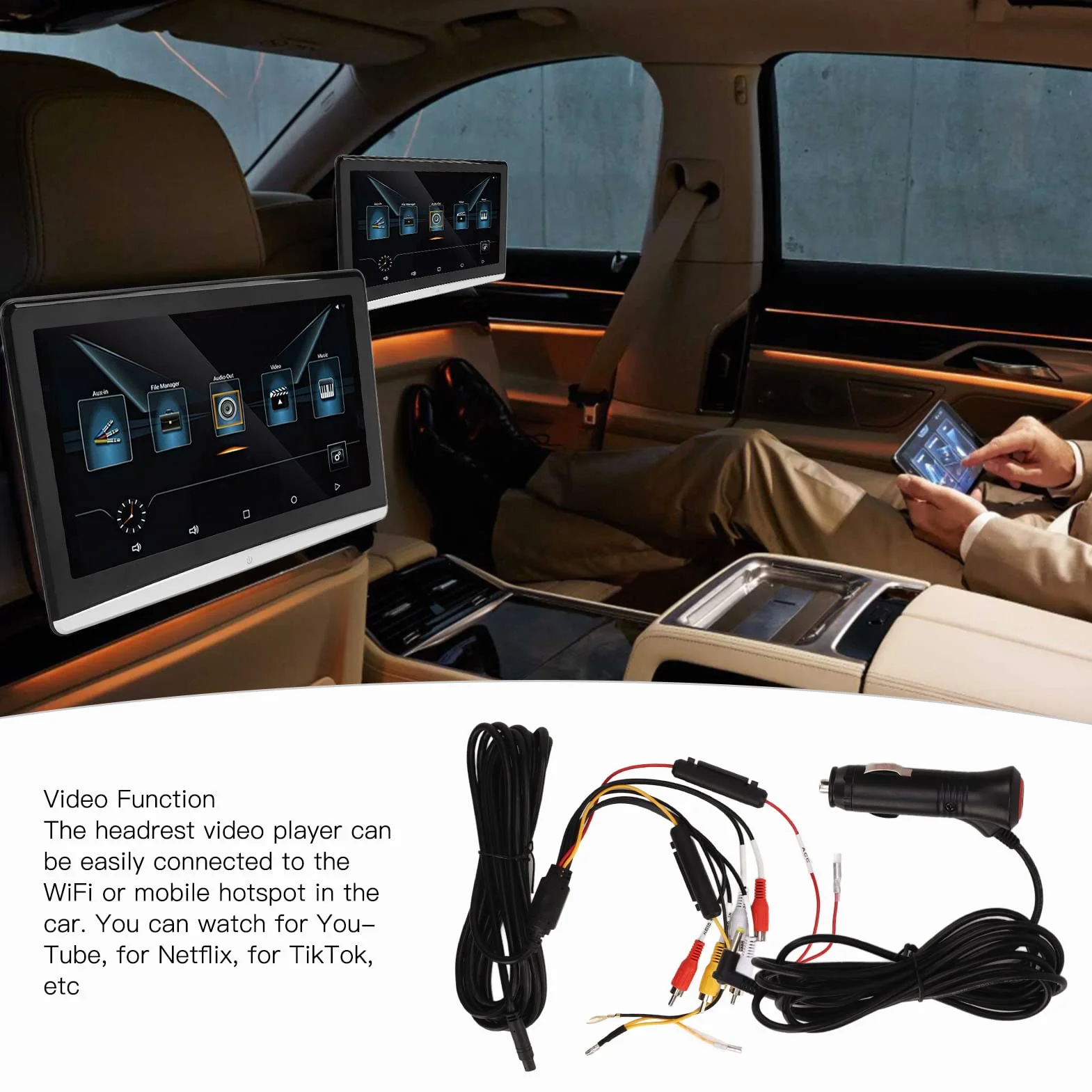 10.6in Car Display, Mutifuctional 1 Coppia Touch Screen Poggiatesta Lettore Video 1920x1080 Car Stereo con LED Luce Colorata Interfaccia USB Multilingue per Veicoli Auto RV