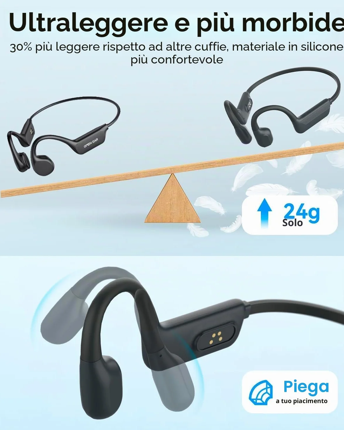 MONODEAL Cuffie da nuoto IP68 impermeabili con suono osseo Bluetooth 5.4, cuffie Bone Conduction Headphones con memoria lettore MP3 da 8 GB, cuffie aperte per nuoto corsa