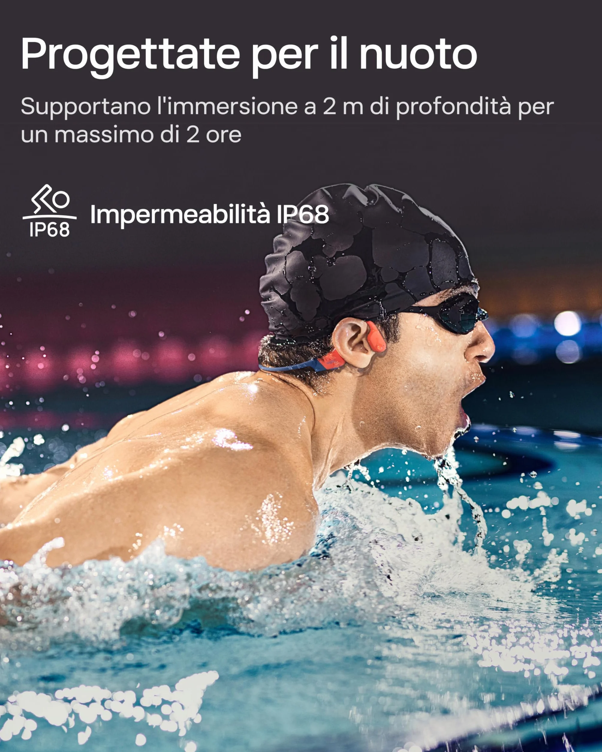 SHOKZ Cuffie sport a conduzione ossea OpenSwim Pro, auricolari wireless Open-Ear impermeabili IP68 con Bluetooth 5.4, 32 GB storage MP3, micr. con canc. rumore, 9 ore ripr. per corsa e nuoto, Rosso