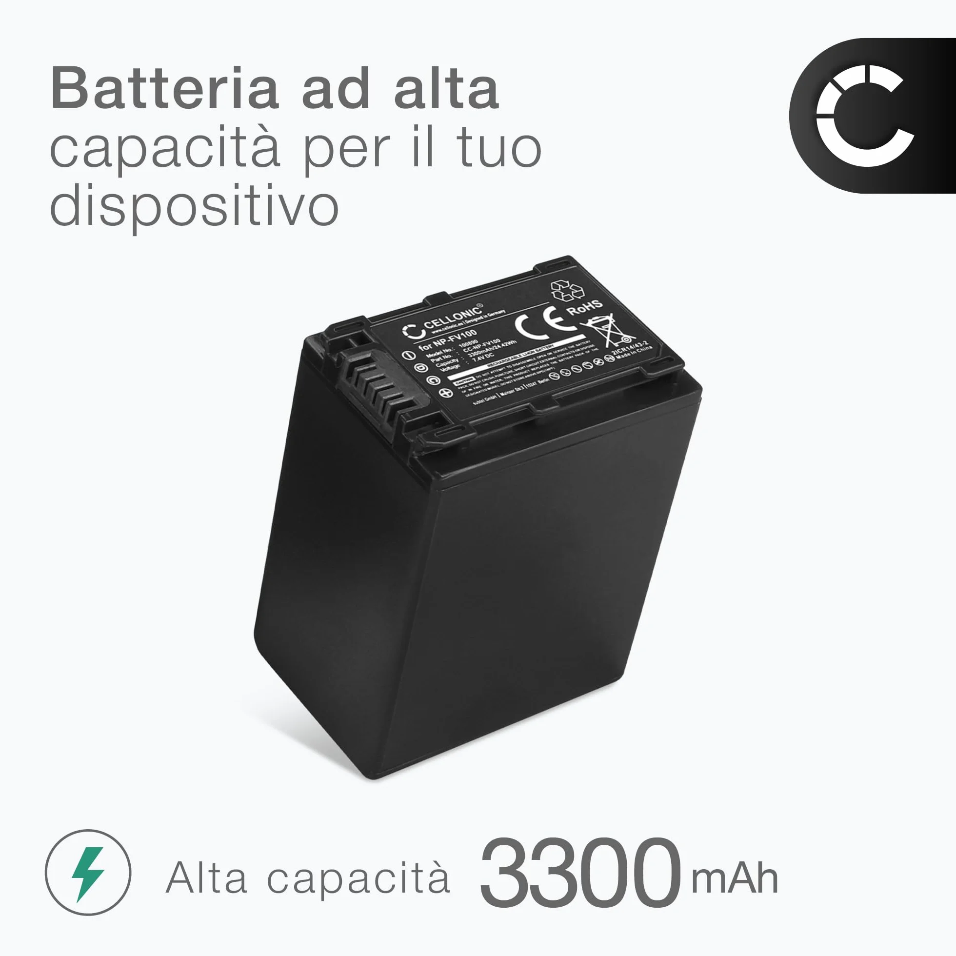 CELLONIC 1x Batteria per Fotocamera Compatibile con Sony FDR-AX33, HDR-CX250, HDR-CX270, NP-FV70 – (3300mAh, 7.4V)