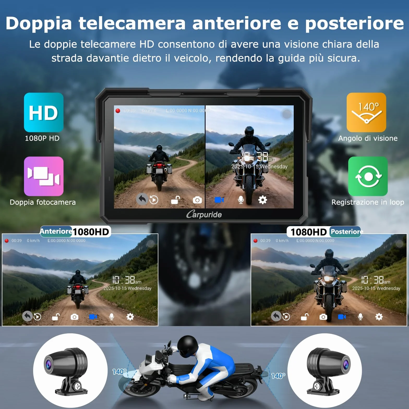 Carpuride W702 Plus Android 14 Moto Carplay Schermo con doppia fotocamera, Senza Fili CarPlay e Android Auto, 7" Touchscreen Impermeabile, BT Audio, Loop Registrazione,Navigazione online e offline.