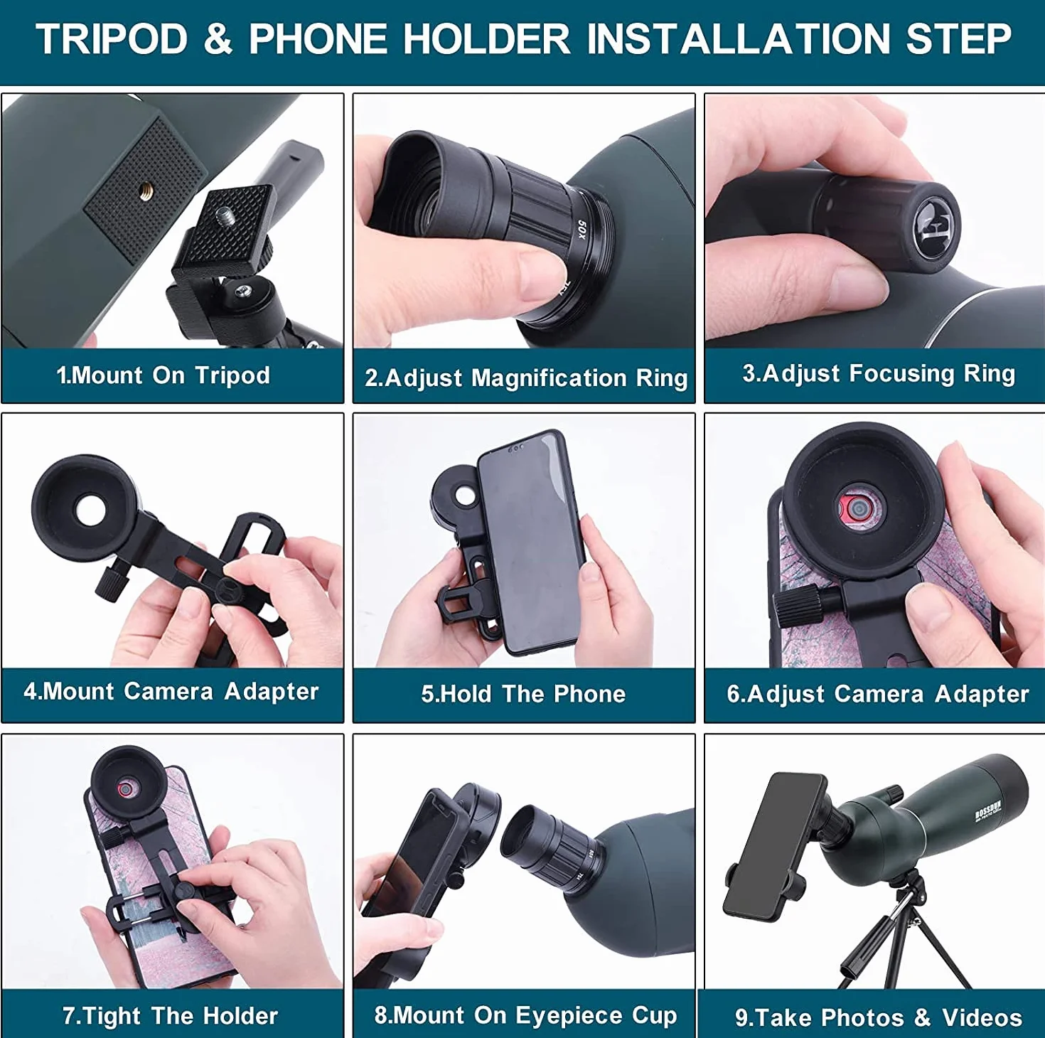 Cannocchiale, zoom 20-75x70mm Lente ottica completamente multistrato antiappannamento e mobile Telescopio con design in gomma per oculare con kit di montaggio rapido per smartphone e treppiede