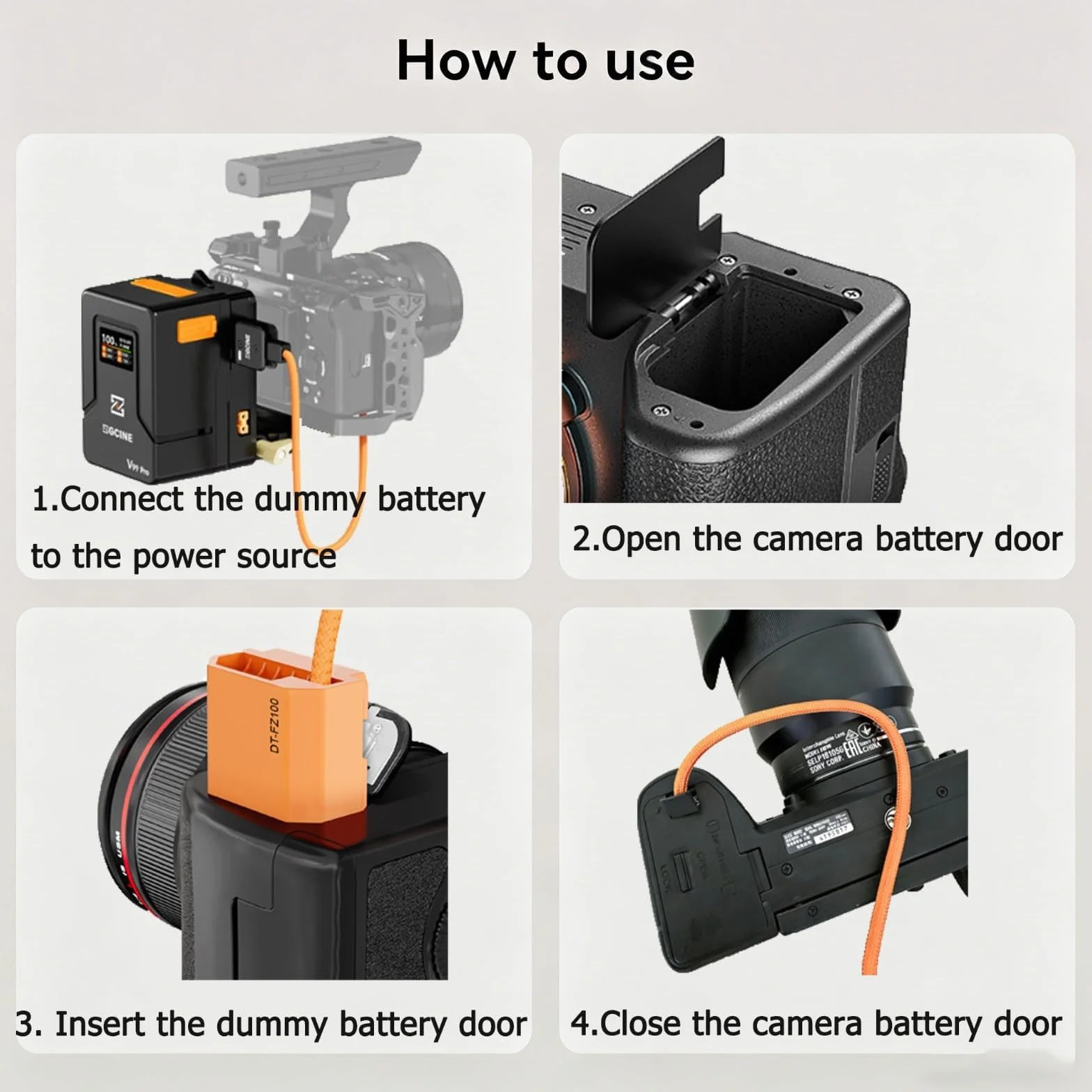 ZGCINE D-Tap a NP-FZ100 Batteria Fittizia per Sony, Connettore D-Tap Ruotabile a 180°, Uscita Regolata a 8.4 V, Compatibile con Sony A7IV A7III A7SIII A7RV FX3 FX30 A7CII A6700 ZV-E1 ZV-E10II A1 A9III