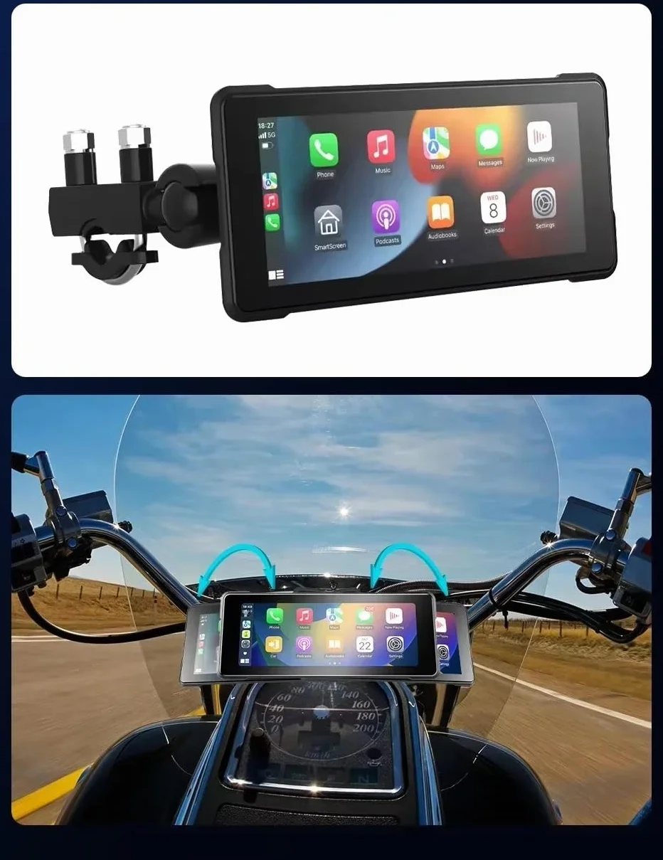 Navigatore per Moto Carplay Display 7" Android Telecamera DVR Attacco Manubrio 7 Pollici