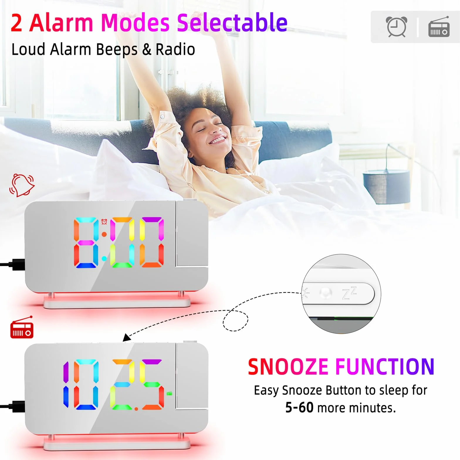 Radiosveglia Digitale con Proiezione e FM 6 Livelli Luminosità Schermo 4 Proiezione Snooze
