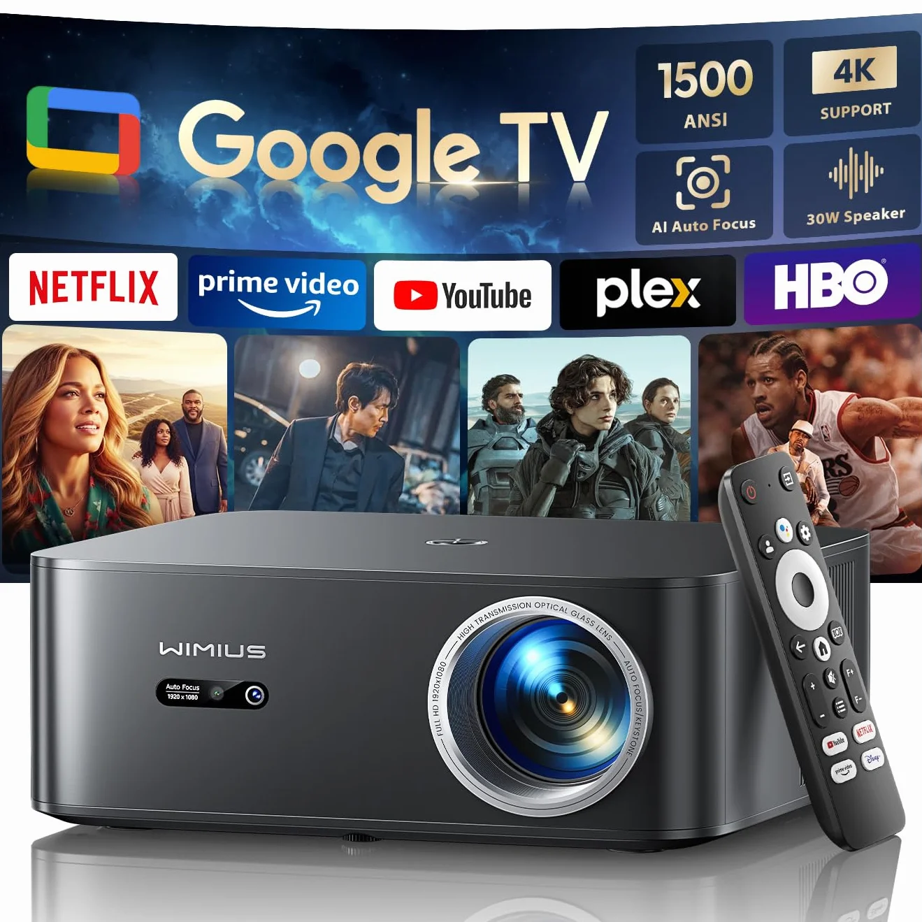 Proiettore【1500 ANSI/Google TV】Netflix Incluso Proiettore 4K Support, Autofocus/Keystone Nativo 1080P Smart Videoproiettore Full HD WiFi Bluetooth con Controllo Vocale Remoto per Home Cinema